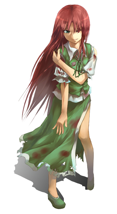 akino komichi, hong meiling, immaterial and missing power, touhou, 1girl, blood, blood stain, female focus, injury, long hair, solo, very long hair, wince