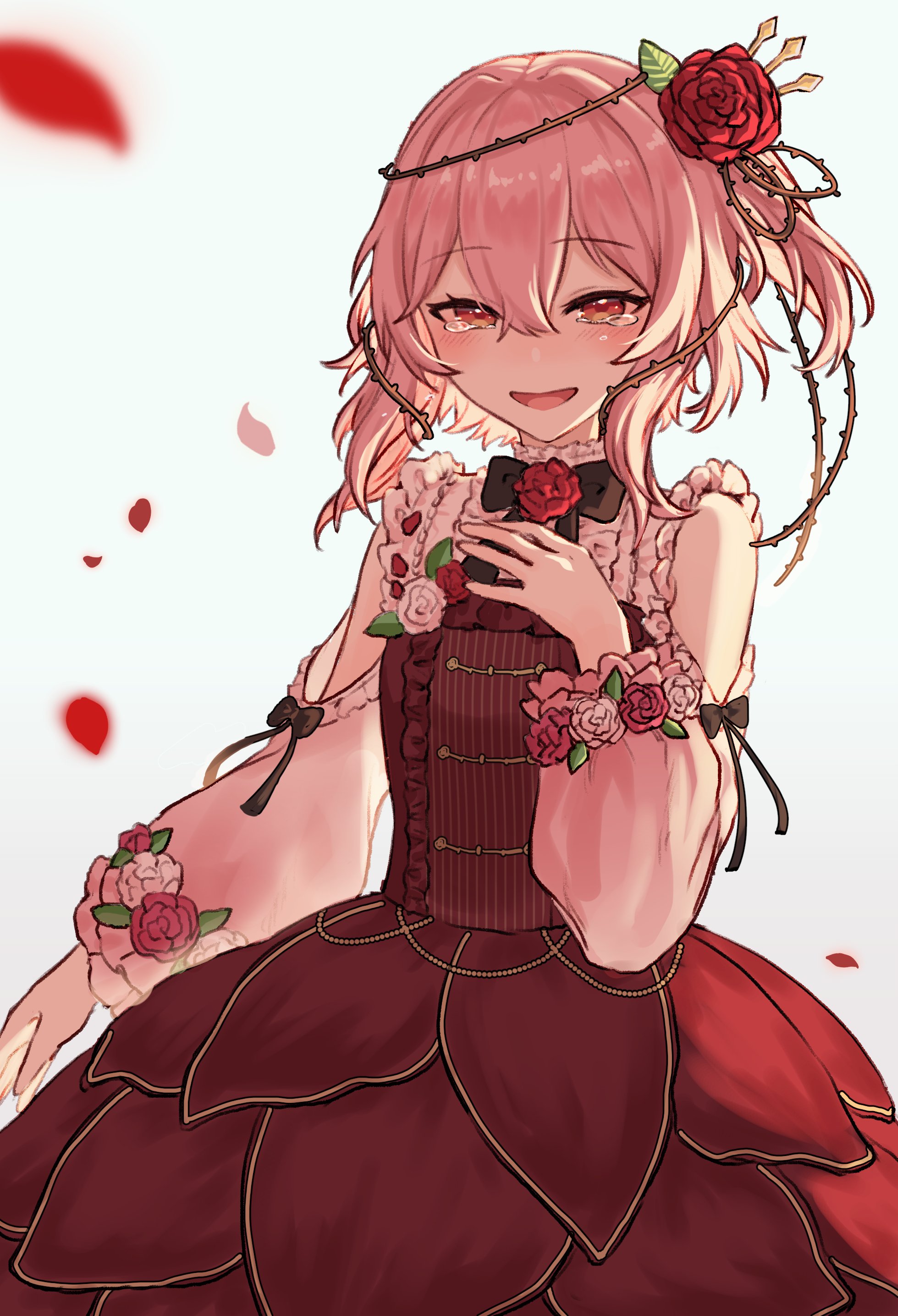 nozomiaisha, rosemi lovelock, rosemi lovelock (1st costume), nijisanji, nijisanji en, absurdres, highres, 1girl, backlighting, black bow, black bowtie, bow, bowtie, cowboy shot, crying, crying with eyes open, flower, frills, hair flower, hair ornament, hand on own chest, looking at viewer, medium hair, petals, pink hair, red eyes, red flower, red rose, rose, rose petals, short sidetail, simple background, solo, tears, thorns, virtual graduation commemoration, virtual youtuber, white background, white flower, white rose