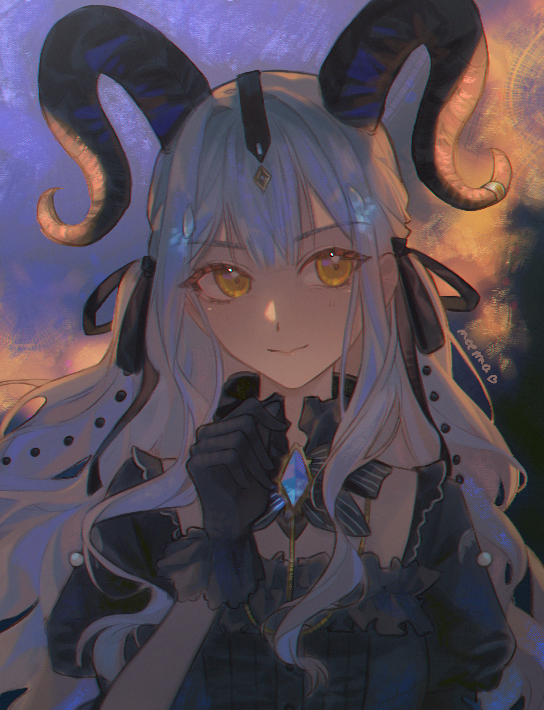 neema (oneemasan), togawa sakiko, arknights, bang dream!, bang dream! it's mygo!!!!!, commentary, english commentary, highres, 1girl, artist name, black dress, black gloves, black horns, black ribbon, blue hair, closed mouth, curled horns, detached collar, dress, gloves, hair ribbon, hand up, horns, long hair, looking at viewer, official alternate costume, ribbon, sidelocks, smile, solo, togawa sakiko (master of melodia), upper body, yellow eyes