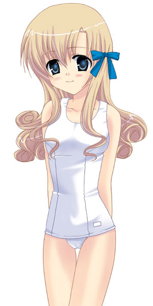hazuki ruka, konohana hikari, strawberry panic!, 00s, 1girl, arms behind back, blonde hair, blue eyes, blush, bow, curly hair, female focus, hair bow, long hair, one-piece swimsuit, school swimsuit, simple background, smile, solo, swimsuit, thigh gap, thighs, white one-piece swimsuit, white school swimsuit