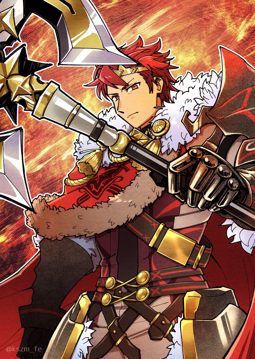 kszm fe, diamant (fire emblem), fire emblem, fire emblem engage, fire emblem heroes, nintendo, highres, 1boy, axe, battle axe, cape, crown, diamant (fortified king) (fire emblem), double-sided axe, fur-trimmed cape, fur trim, holding, holding axe, male focus, official alternate costume, red cape, red eyes, red hair, weapon