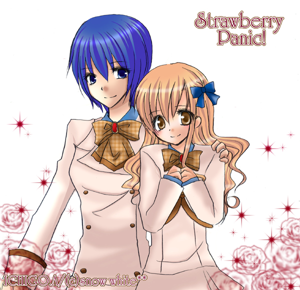 konohana hikari, ootori amane, strawberry panic!, hand on shoulder, 00s, 2girls, blonde hair, blue eyes, blue hair, bow, brown bow, copyright name, flower, long hair, multiple girls, rose, school uniform, short hair, sparkle, watermark, yellow eyes, yuri