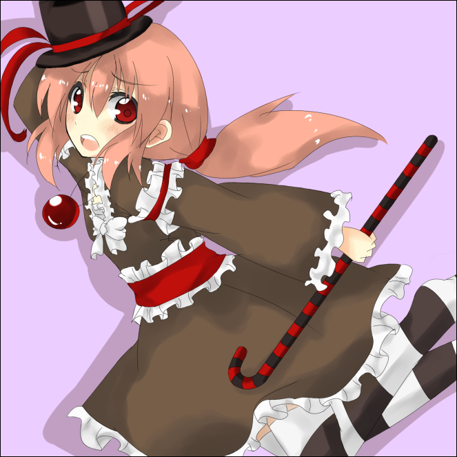 shingetsu takehito, cane, hat, red eyes, red hair, solo, striped clothes, striped thighhighs, thighhighs