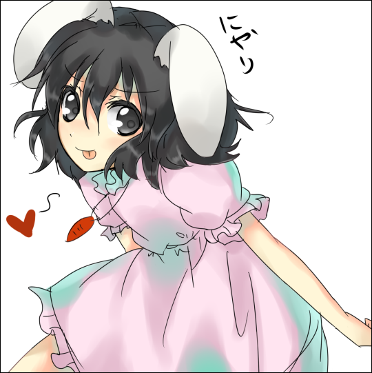 shingetsu takehito, inaba tewi, touhou, 1girl, :p, closed mouth, dress, female focus, looking at viewer, pink dress, puffy short sleeves, puffy sleeves, short sleeves, simple background, smile, solo, tongue, tongue out, white background