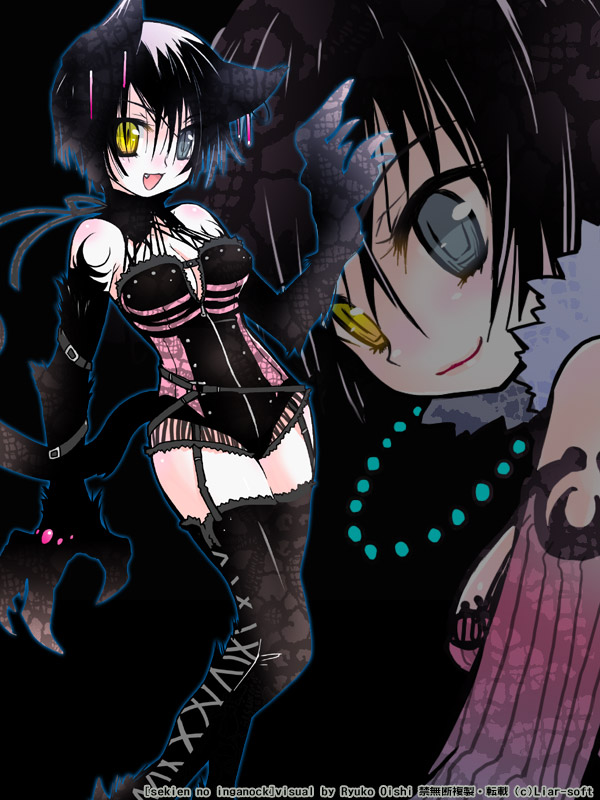 ooishi ryuuko, ati, ati (sekien no inganock), sekien no inganock, steampunk (liarsoft), 1girl, animal ears, cat ears, cat tail, garter straps, heterochromia, lingerie, smile, strap, tail, thighhighs, underwear