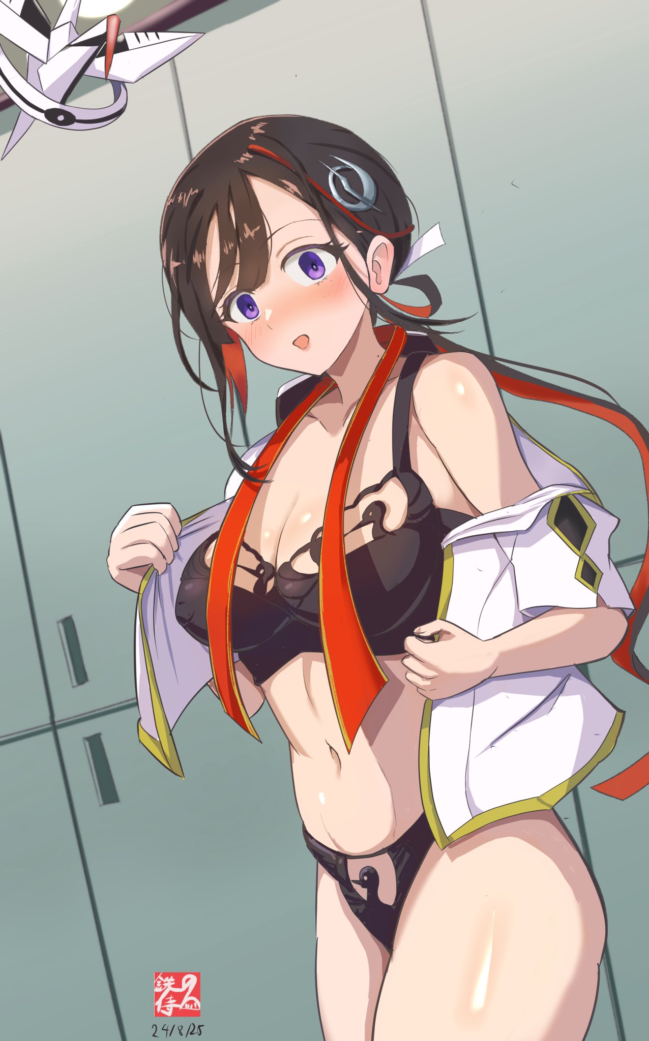 tetsu no samurai, jeunesse crane (fate), miss crane (fate), fate/grand order, fate (series), highres, 1girl, :o, animal cutout, black bra, black hair, black panties, blush, bow, bowtie, bra, breasts, cleavage, collared shrug, cowboy shot, crane print, hair bow, hair ornament, hairpin, indoors, jeunesse crane (second ascension) (fate), large breasts, locker, locker room, long hair, looking at viewer, low ponytail, midriff, multicolored hair, navel, nose blush, origami, panties, paper crane, partially undressed, ponytail, purple eyes, raised eyebrows, red bow, red bowtie, red hair, short sleeves, shrug (clothing), solo, thighs, two-tone hair, underwear, undone bowtie, undressing, white shrug