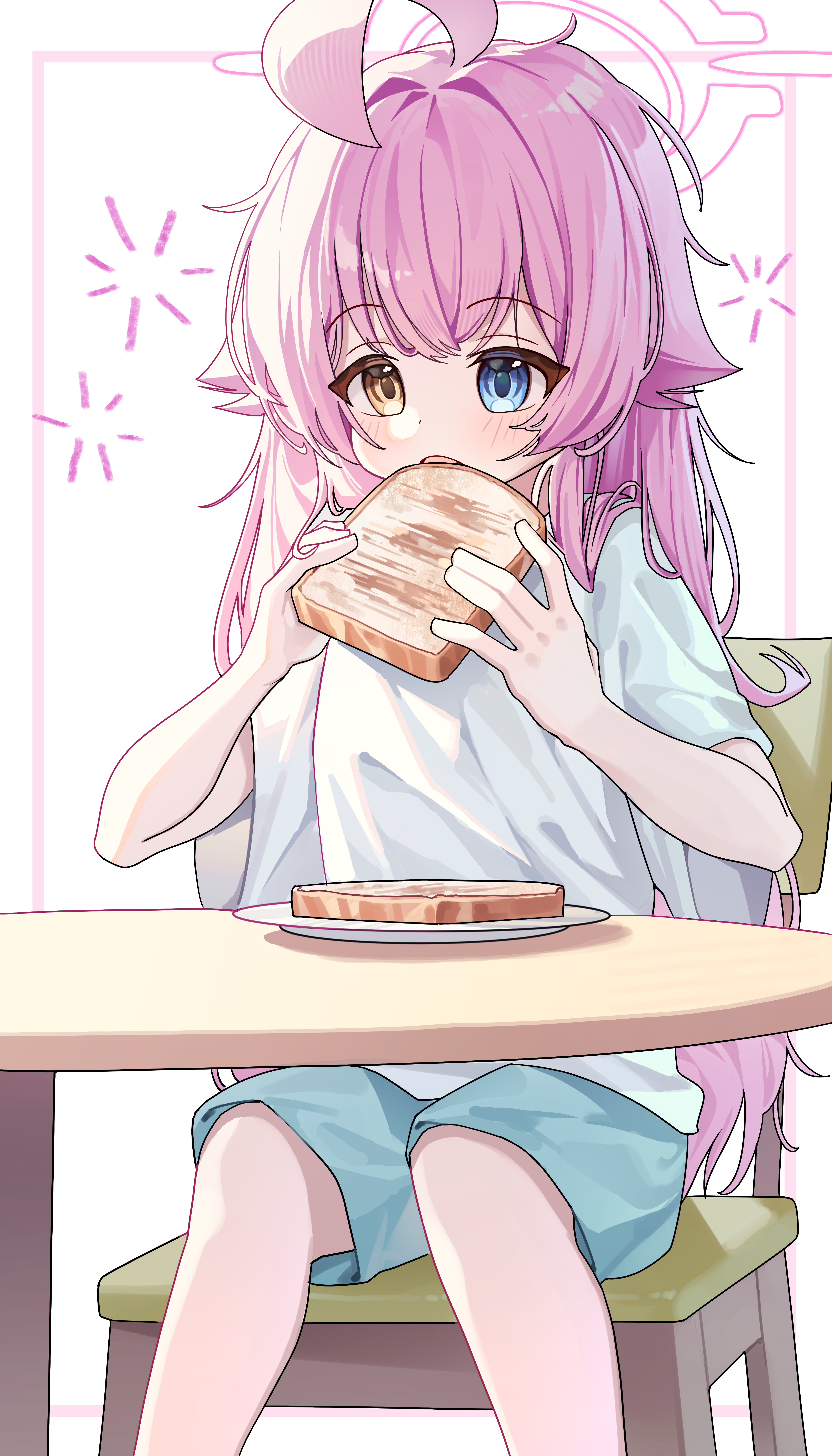 capry, hoshino (blue archive), blue archive, absurdres, commentary request, highres, 1girl, aged down, ahoge, biting, blue eyes, blue shorts, blush, border, bread, bread slice, chair, crossed bangs, eating, food, hair between eyes, hair flaps, halo, heterochromia, holding, holding food, huge ahoge, long hair, on chair, open mouth, orange eyes, outside border, pink border, pink hair, pink halo, plate, shirt, shorts, sidelocks, simple background, sitting, solo, t-shirt, table, toast, very long hair, white background, white shirt, wide sleeves