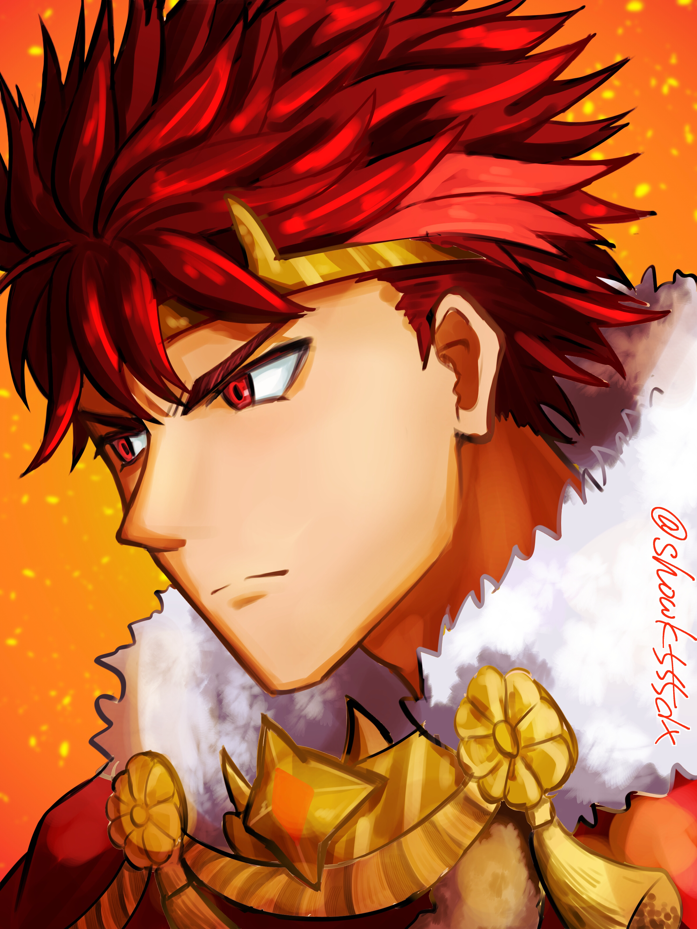 diamant (fire emblem), fire emblem, fire emblem engage, fire emblem heroes, nintendo, absurdres, highres, 1boy, cape, crown, diamant (fortified king) (fire emblem), fur-trimmed cape, fur trim, looking to the side, male focus, red eyes, red hair, showk555dx, white fur