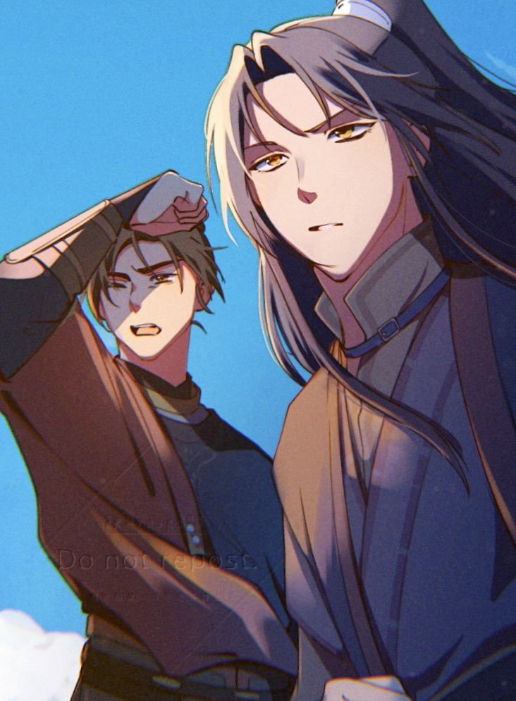 feng xin, mu qing (tianguan cifu), tianguan cifu, 2boys, brown hair, chinese clothes, closed mouth, collared robe, hair bun, hanfu, high ponytail, layered clothes, long hair, long sleeves, male focus, multiple boys, open mouth, ponytail, single hair bun, two-tone hanfu, xiao guan (headdress), yosga27