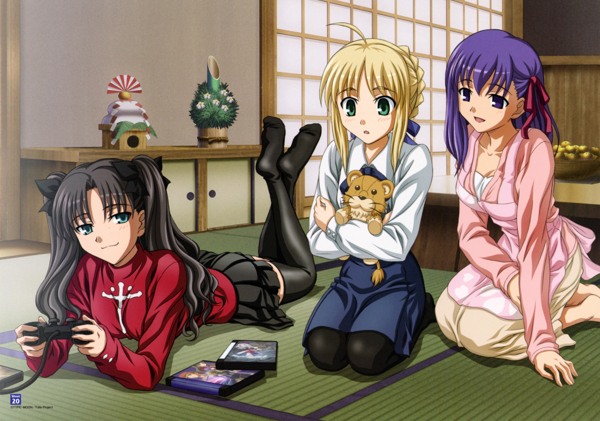 artoria pendragon (fate), matou sakura, saber (fate), tohsaka rin, fate/stay night, fate (series), type-moon, highres, 00s, 3girls, black thighhighs, blonde hair, blouse, blue eyes, brown hair, controller, dualshock, game console, game controller, gamepad, indoors, kadomatsu, kagami mochi, long legs, lying, multiple girls, on stomach, pantyhose, playing games, playstation 2, playstation controller, purple eyes, purple hair, seiza, shirt, shouji, sitting, skirt, sliding doors, smug, stuffed animal, stuffed lion, stuffed toy, tatami, thighhighs, video game