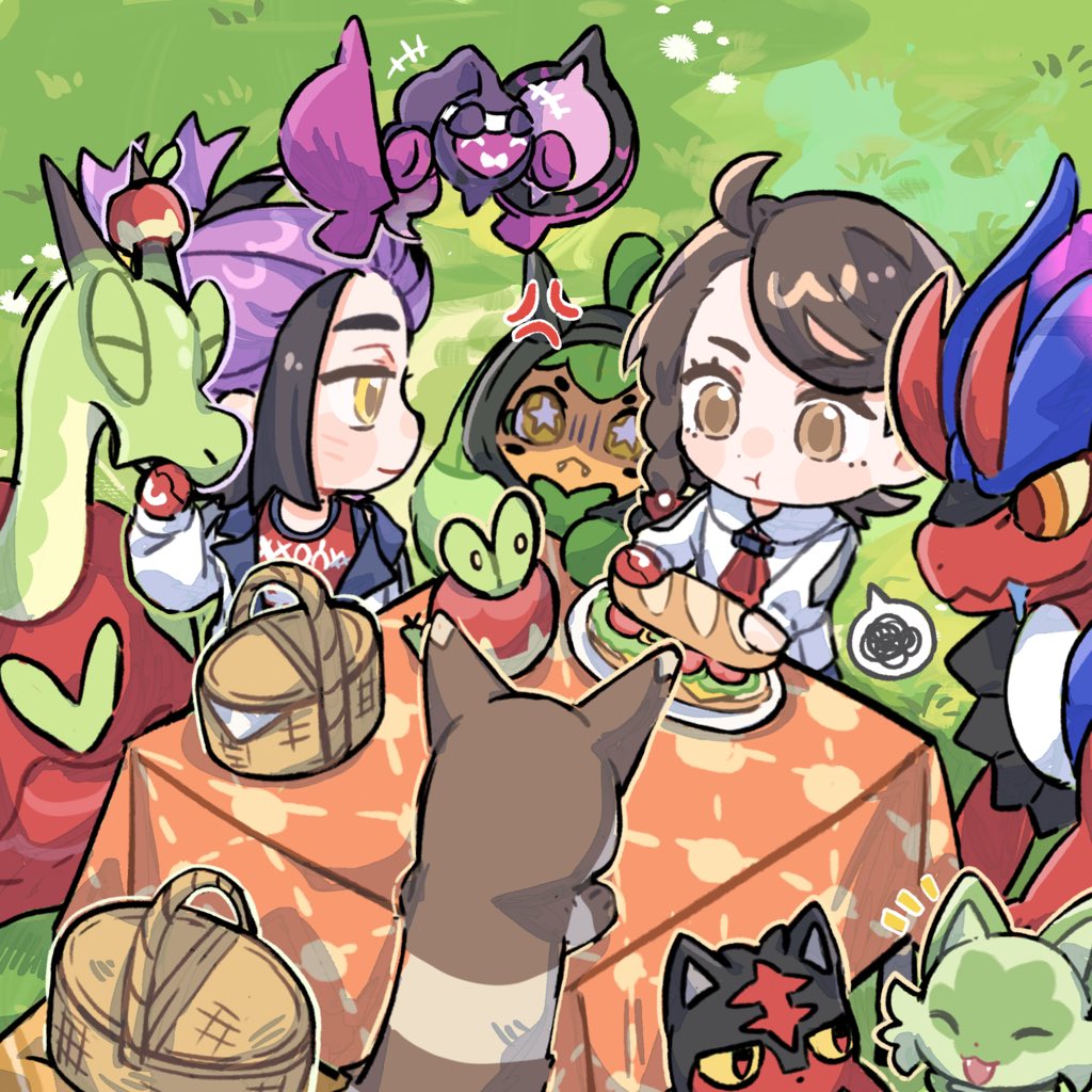 haruarashi74, furret, hydrapple, juliana (pokemon), kieran (pokemon), litten, miraidon, ogerpon, pecharunt, sprigatito, nintendo, pokemon, pokemon sv, +++, 1boy, 1girl, :t, anger vein, basket, black hair, brown eyes, brown hair, chibi, chibi only, closed eyes, colored sclera, drooling, fangs, food, gen 2 pokemon, gen 7 pokemon, gloves, jacket, long sleeves, open clothes, open jacket, open mouth, plate, pokemon (creature), purple hair, saliva, sandwich, shaded face, single glove, spoken squiggle, squiggle, star-shaped pupils, star (symbol), symbol-shaped pupils, table, white jacket, yellow sclera