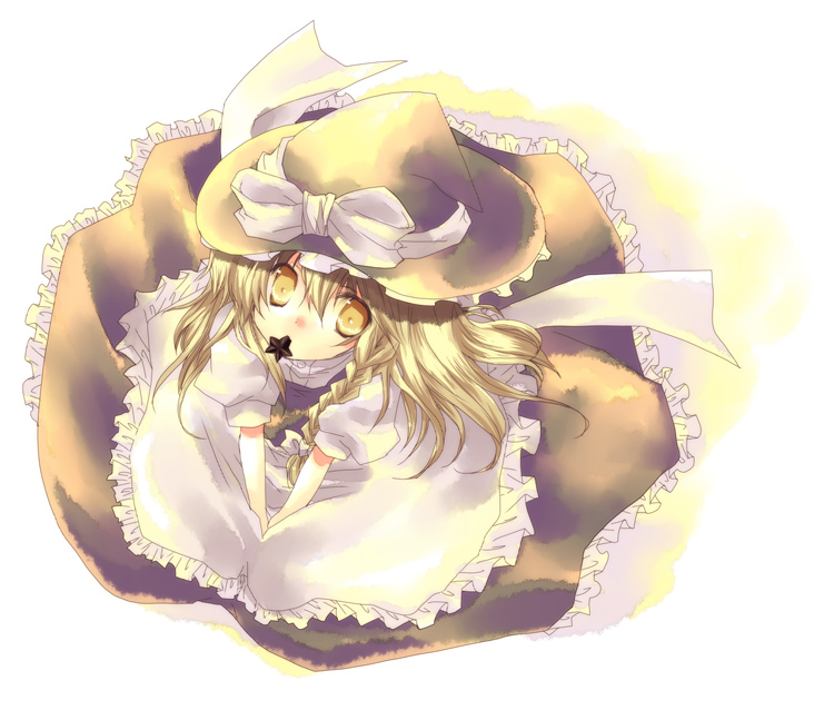 kokono coco, kirisame marisa, touhou, 1girl, apron, blonde hair, blush, bow, braid, female focus, frills, from above, hat, long hair, looking at viewer, looking up, simple background, single braid, skirt, solo, star (symbol), white background, witch hat, yellow eyes