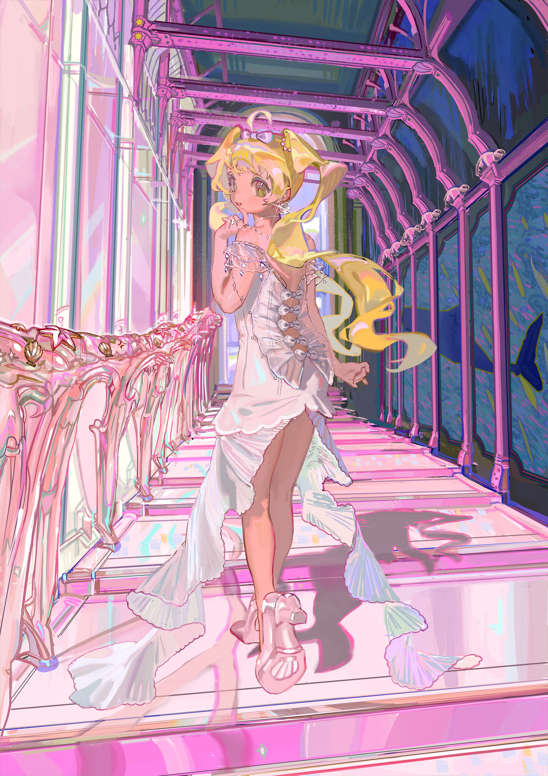 tamomoko, taro-k, original, absurdres, commentary, english commentary, highres, 1girl, ahoge, arm at side, backless dress, backless outfit, blonde hair, bow, dress, dress bow, earrings, floating hair, full body, glint, green eyes, grey dress, grey shoes, hair bow, hallway, hand up, high heels, indoors, jewelry, long hair, looking at viewer, looking back, parted lips, pink bow, ring, shadow, shoes, smile, solo, sphere earrings, turning head, twintails, walking, wavy hair