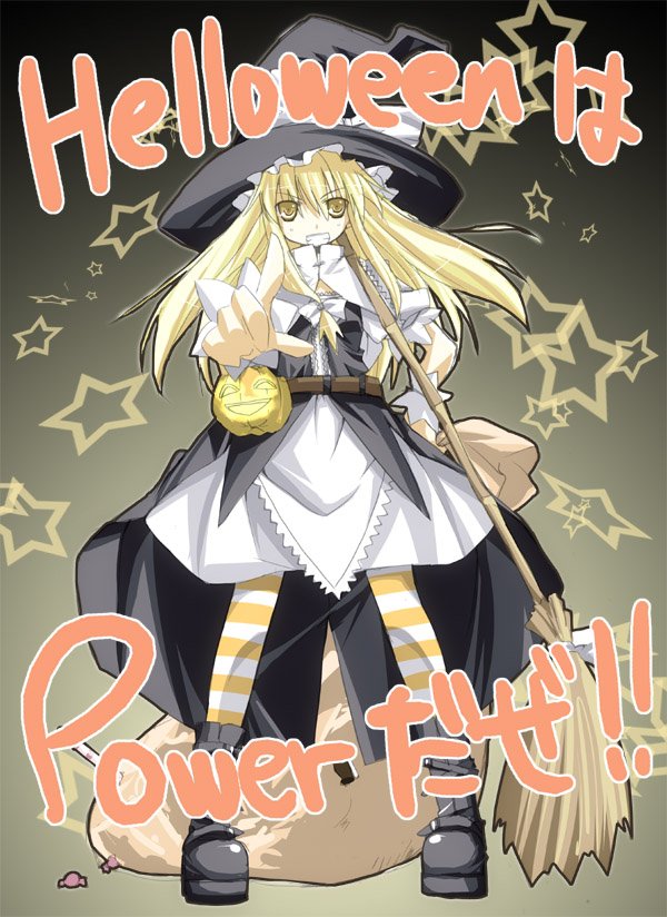 yuuki eishi, kirisame marisa, touhou, striped legwear, bad id, bad pixiv id, 1girl, adapted costume, bag, black boots, black hat, blonde hair, boots, bow, broom, candy, eyes visible through hair, female focus, food, full body, gradient background, grin, hair ribbon, halloween, hand on own hip, hat, hat bow, jack-o'-lantern, long hair, pantyhose, pointing, pointing at viewer, ribbon, smile, solo, star (symbol), striped clothes, striped pantyhose, white bow, witch hat, wrist cuffs, yellow eyes