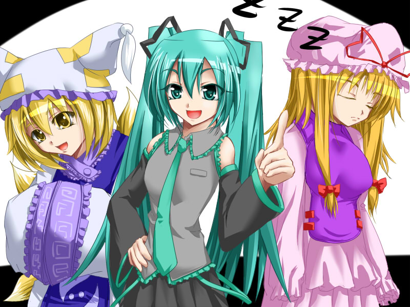 kurasaki cority, hatsune miku, yakumo ran, yakumo yukari, touhou, vocaloid, 3girls, :d, aqua hair, aqua necktie, black skirt, blonde hair, blue eyes, collared shirt, crossover, dress, hands in opposite sleeves, hat, long hair, long sleeves, looking at viewer, mob cap, multiple girls, necktie, open mouth, pink dress, pleated skirt, shirt, skirt, sleeping, smile, standing, tabard, twintails, very long hair, yellow eyes, zzz