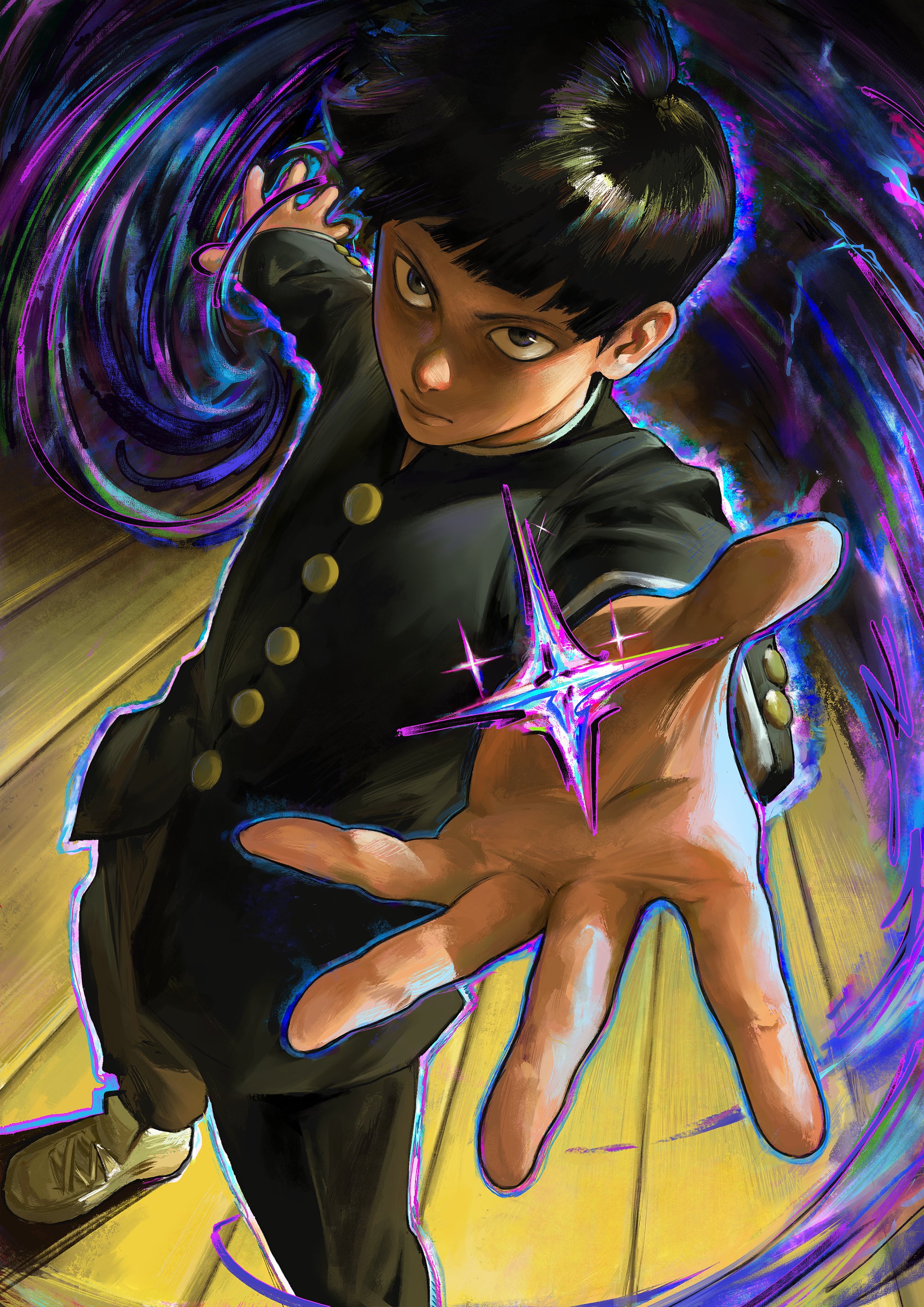 sabertoon artt, kageyama shigeo, mob psycho 100, absurdres, highres, 1boy, aura, bag, black eyes, black hair, black jacket, black pants, blunt bangs, bowl cut, buttons, closed mouth, energy, gakuran, jacket, long sleeves, looking at viewer, magic, male focus, outstretched arm, outstretched arms, pants, reaching, reaching towards viewer, school uniform, shoes, short hair, sneakers, solo, standing, telekinesis, wooden floor
