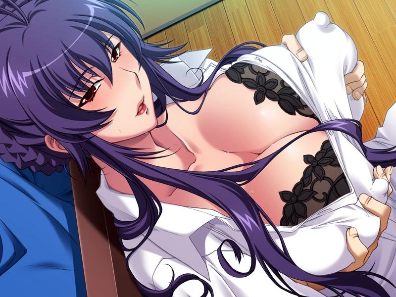 yoshino keiko, sakurai sawa, black rainbow, saiminjutsu 2, game cg, blue hair, blush, bra, braid, breasts, cleavage, covered erect nipples, dutch angle, grabbing another's breast, grabbing own breast, lace, lace-trimmed bra, large breasts, lingerie, lipstick, long hair, mature female, open clothes, open shirt, purple hair, red eyes, sweat, underwear, very long hair