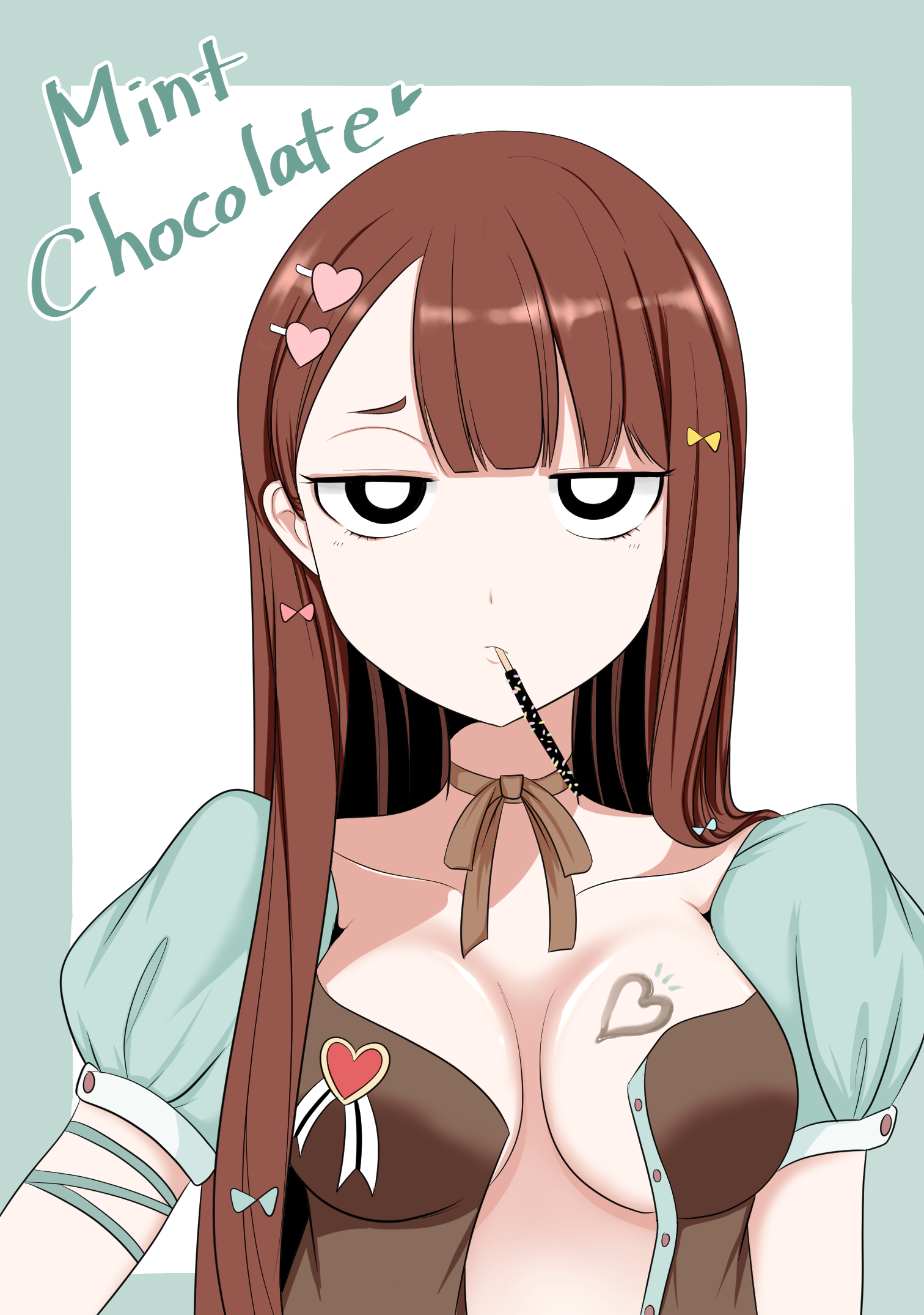 yuuki (yuuki81), chun-ja, what happens inside the dungeon, 1girl, aqua border, black eyes, border, breasts, brown hair, expressionless, food, long hair, looking at viewer, open clothes, pocky, shirt, white shirt