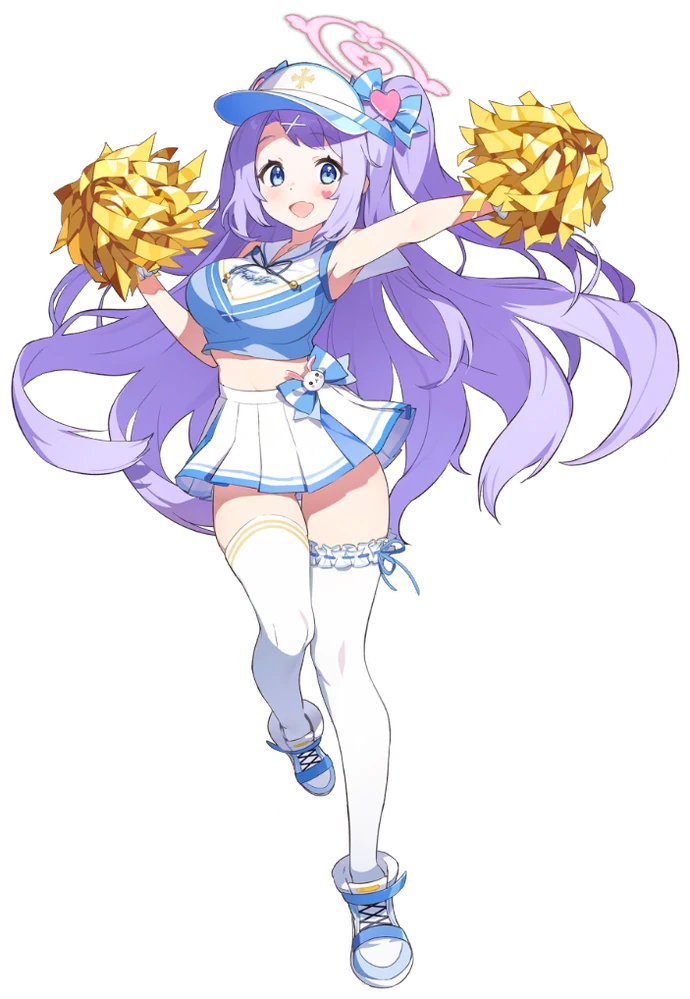 hanae (blue archive), hanae (cheer squad) (blue archive), blue archive, game cg, official art, 1girl, blue eyes, breasts, cheerleader, crop top, frilled thighhighs, frills, hair ornament, halo, heart, heart hair ornament, heart on cheek, large breasts, midriff, miniskirt, mismatched thighhighs, open mouth, pom pom (cheerleading), purple hair, skirt, smile, solo, standing, standing on one leg, thigh gap, thighhighs, zettai ryouiki