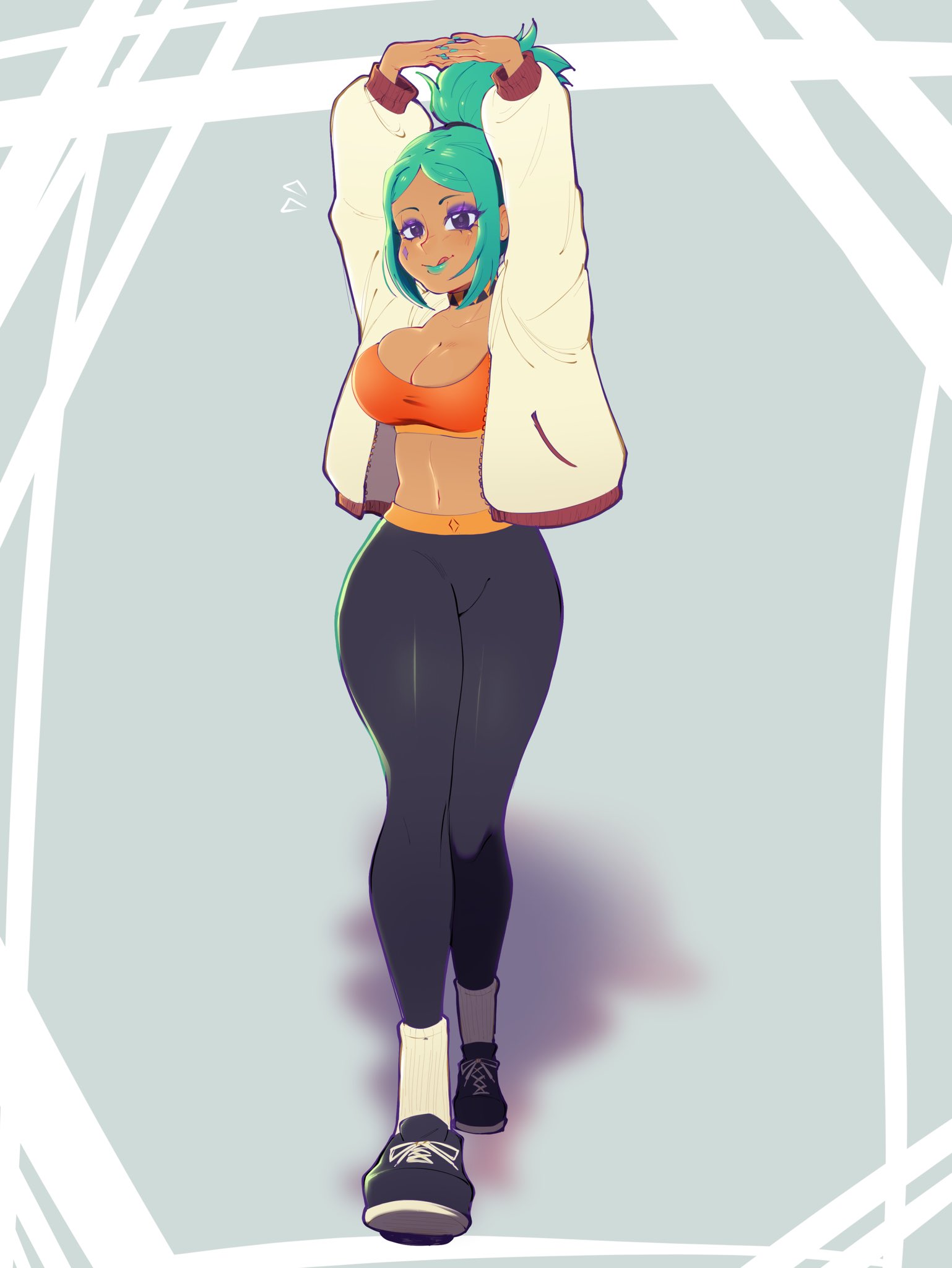 ghostybutt, cerebella (skullgirls), skullgirls, 1girl, alternate costume, arms up, breasts, choker, cleavage, dark-skinned female, dark skin, eyeshadow, facing viewer, full body, green hair, green lips, green nails, grey background, interlocked fingers, jacket, large breasts, lipstick, looking at viewer, makeup, nail polish, navel, no headwear, pants, ponytail, smile, socks, solo, tank top, tight clothes, tight pants, tongue, tongue out, walking, wide hips, yoga pants