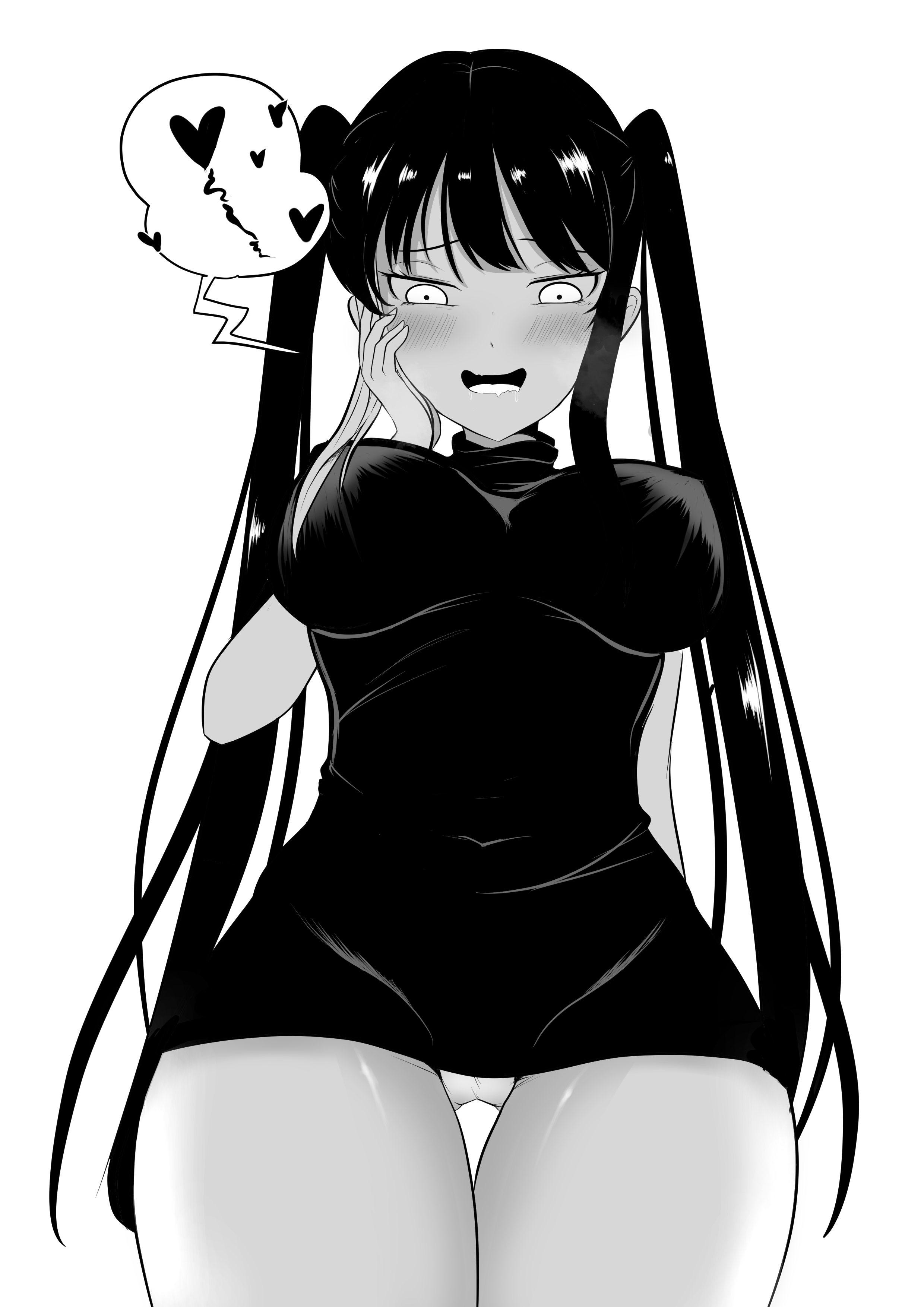 yuuki (yuuki81), dong baek (what happens inside the dungeon), what happens inside the dungeon, highres, 1girl, black dress, black hair, blush, breasts, dress, greyscale, hand up, large breasts, long hair, monochrome, open mouth, panties, simple background, solo, speech bubble, thought bubble, twintails, underwear, very long hair, white background, white panties