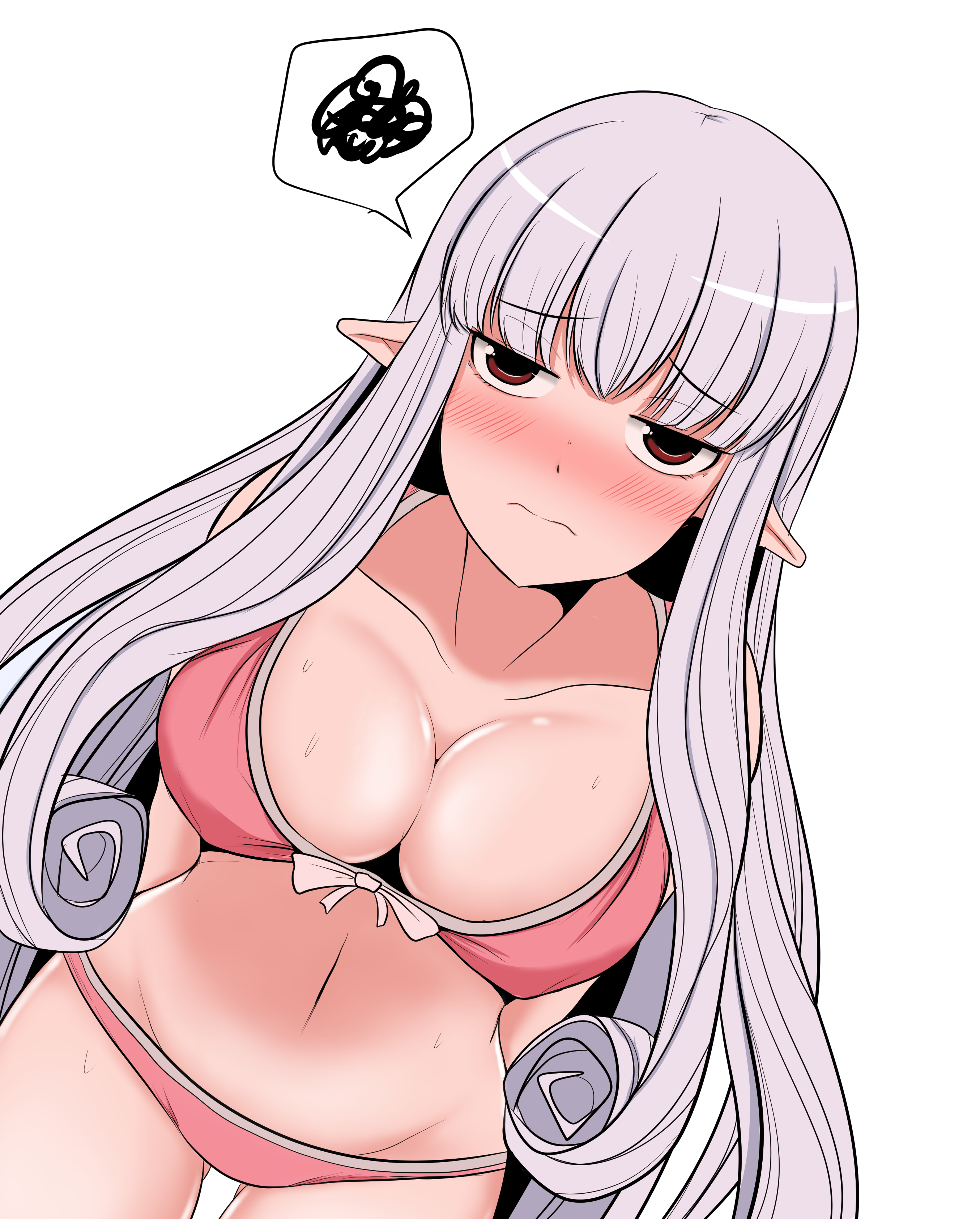 yuuki (yuuki81), cheong, what happens inside the dungeon, highres, 1girl, bikini, blush, breasts, brown eyes, closed mouth, embarrassed, large breasts, long hair, navel, pink bikini, pointy ears, simple background, speech bubble, stomach bulge, swimsuit, very long hair, white background, white hair