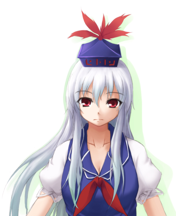 hinoeya kiuri, kazakura, kamishirasawa keine, touhou, bad id, bad pixiv id, 1girl, collarbone, female focus, hat, long hair, looking at viewer, red eyes, simple background, solo, staring, upper body, white hair
