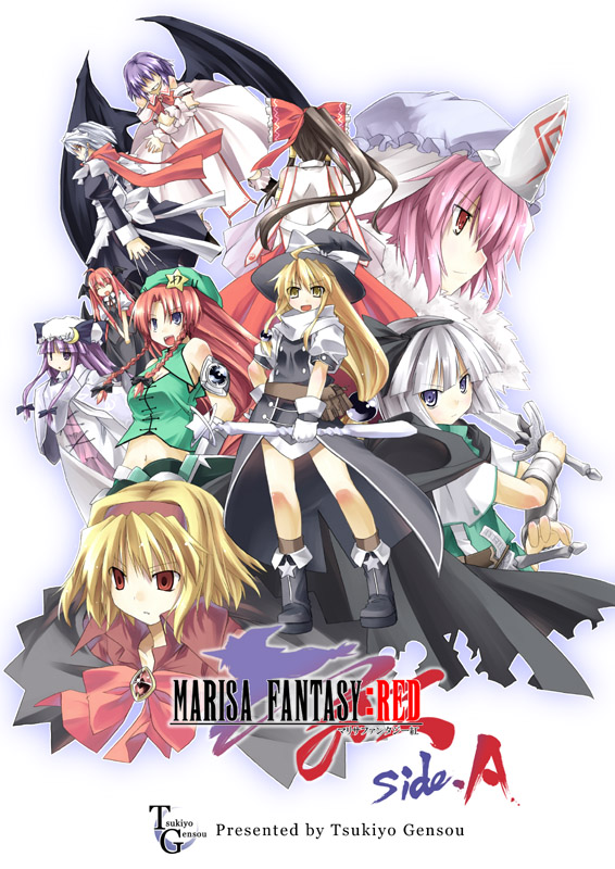 yuuki eishi, alice margatroid, hakurei reimu, hong meiling, izayoi sakuya, kirisame marisa, koakuma, konpaku youmu, patchouli knowledge, remilia scarlet, saigyouji yuyuko, touhou, bad id, bad pixiv id, 6+girls, bat wings, blonde hair, braid, brown hair, female focus, hat, head wings, japanese clothes, knife, long hair, maid, miko, multiple girls, pink hair, purple hair, red eyes, red hair, ribbon, short hair, throwing knife, twin braids, weapon, white background, wings