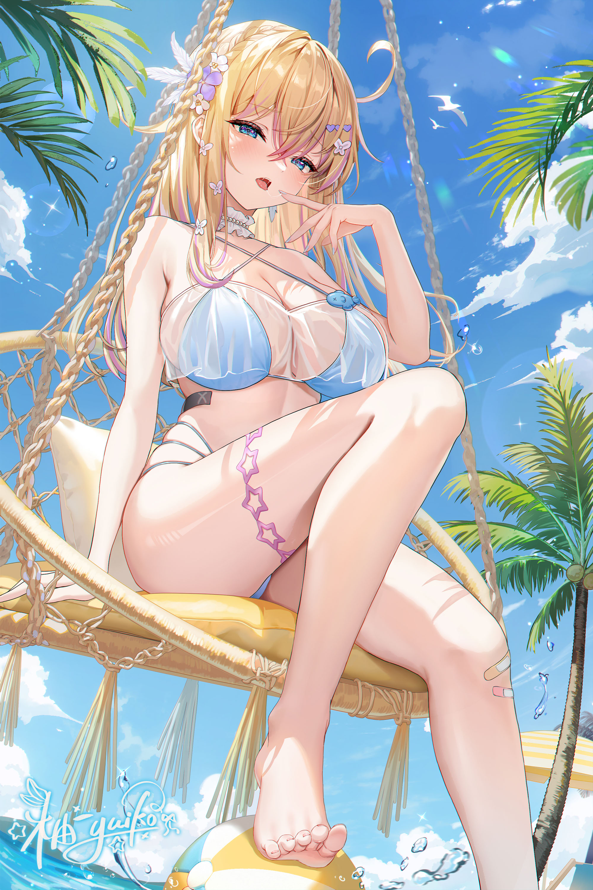 yuuichi yuiko, indie virtual youtuber, absurdres, character request, chinese commentary, commentary request, highres, 1girl, arm support, ball, bandaid, bandaid on knee, bandaid on leg, bare shoulders, barefoot, basket swing, beach, beachball, bead choker, beads, bikini, bird, blonde hair, blue bikini, blue eyes, blue nails, blue sky, blush, braid, breasts, choker, cleavage, coconut tree, collarbone, criss-cross halter, crossed bangs, day, dutch angle, feet, flower, frilled choker, frills, from below, gradient hair, hair between eyes, hair flower, hair ornament, halterneck, hand up, heart, heart hair ornament, heart in eye, large breasts, legs, lens, long hair, looking at viewer, multicolored hair, nail polish, ocean, open mouth, outdoors, palm tree, pearl choker, pink hair, saliva, saliva trail, see-through cleavage, see-through clothes, sidelocks, sitting, sky, solo, sparkle, string bikini, sunlight, swimsuit, symbol in eye, thighs, toes, tree, umbrella, very long hair, virtual youtuber, water, water drop, white flower