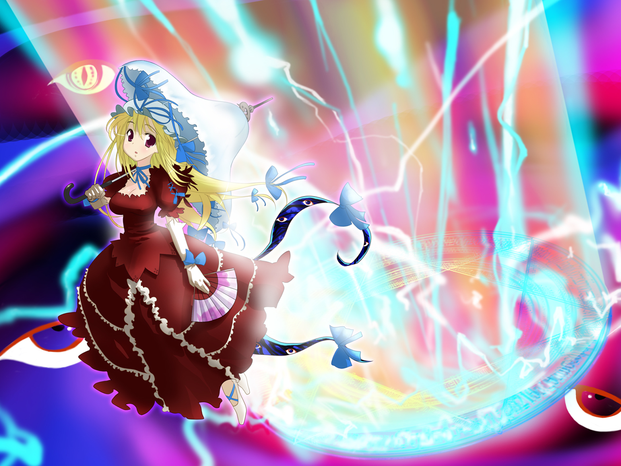 mahan (clock hearts), yakumo yukari, touhou, 1girl, blonde hair, breasts, dress, elbow gloves, female focus, gloves, gradient background, hat, red eyes, slit pupils, solo, umbrella