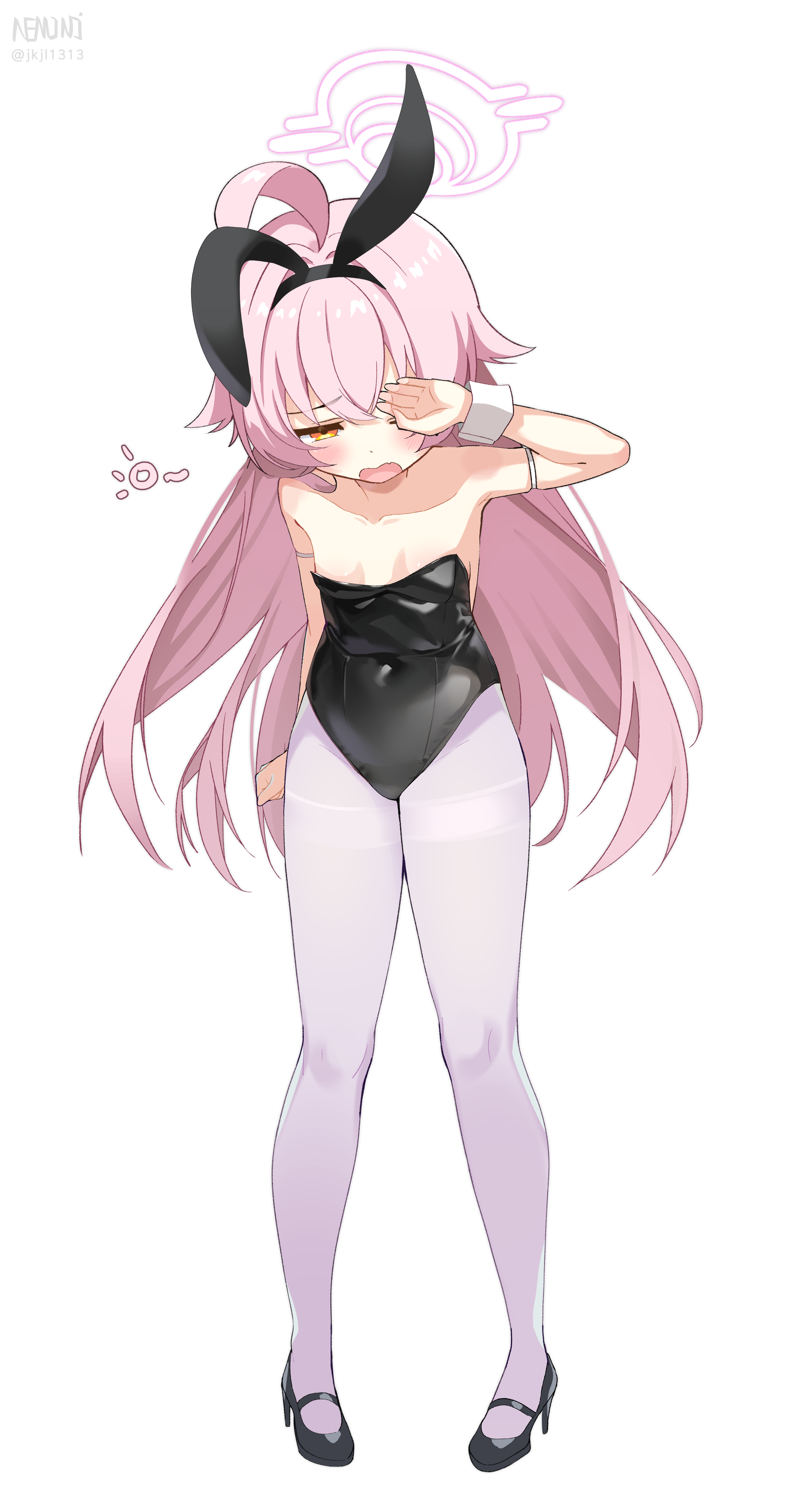 n3moni, hoshino (blue archive), blue archive, 1girl, ahoge, animal ears, arm at side, arm strap, arm up, artist name, bare shoulders, black hairband, black leotard, black shoes, breasts, clenched hand, collarbone, covered navel, fake animal ears, fang, full body, hair between eyes, hair flaps, hairband, half-closed eye, halo, high heels, leotard, long hair, one eye closed, open mouth, pantyhose, pink hair, pink halo, playboy bunny, rabbit ears, raised inner eyebrows, rubbing eyes, shoes, simple background, skin fang, skindentation, sleepy, small breasts, solo, squeans, standing, strapless, strapless leotard, very long hair, white background, white pantyhose, white wrist cuffs, wrist cuffs, yellow eyes