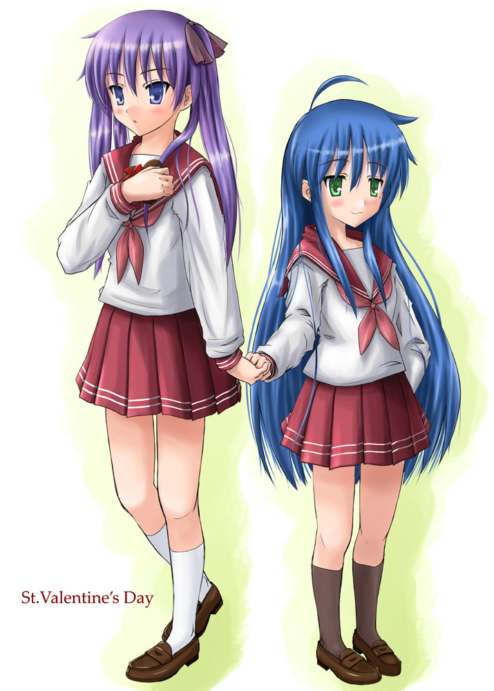 kisaragi miyu, hiiragi kagami, izumi konata, lucky star, 00s, 2girls, full body, holding hands, mole, mole under eye, multiple girls, school uniform, serafuku, yuri