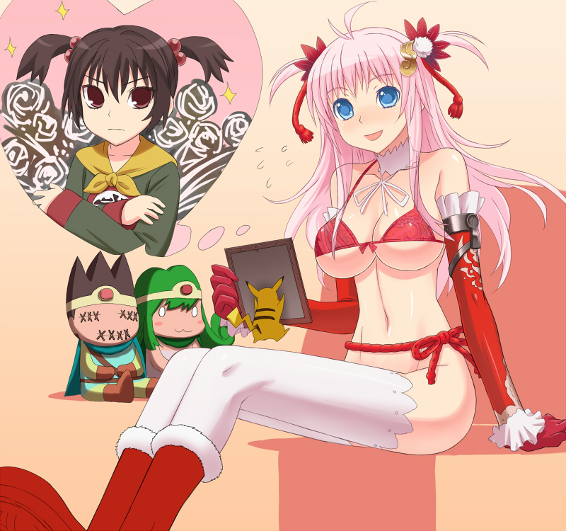 martial artist (dq3), pikachu, roto (dq3), sage (dq3), chunsoft, dragon quest, dragon quest iii, enix, nintendo, pokemon, square enix, character request, 2girls, :3, ahoge, bikini, bikini top only, blue eyes, bow, brown eyes, brown hair, character doll, christmas, circlet, crossover, doll, elbow gloves, gen 1 pokemon, gloves, hair bobbles, hair ornament, long hair, multiple girls, no panties, picture frame, pink hair, pokemon (creature), red gloves, santa costume, smile, swimsuit, thighhighs, twintails