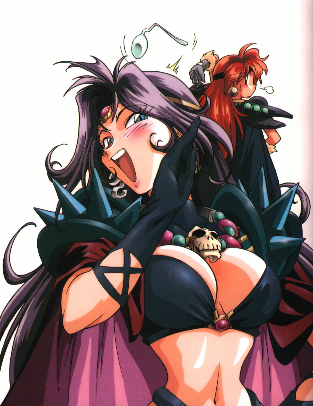 araizumi rui, lina inverse, naga the serpent, slayers, highres, 1990s (style), 2girls, breasts, cleavage, gloves, hair intakes, jewelry, large breasts, laughing, long hair, midriff, multiple girls, necklace, ojou-sama pose, purple hair, retro artstyle, spikes, spoon