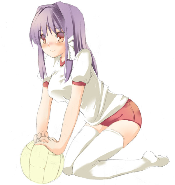 shigen, fujibayashi kyou, clannad, 00s, 1girl, ass, breasts, buruma, female focus, gym uniform, simple background, solo, thighhighs