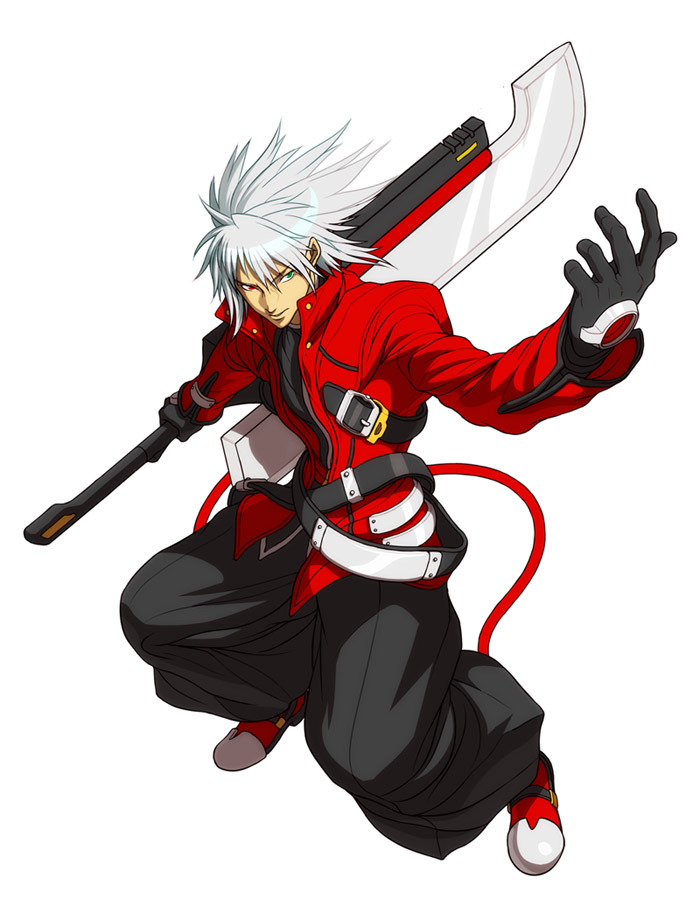 yamamiya hiroshi, ragna the bloodedge, arc system works, blazblue, silver hair, 1boy, black pants, bos, gloves, heterochromia, male focus, pants, solo, sword, weapon