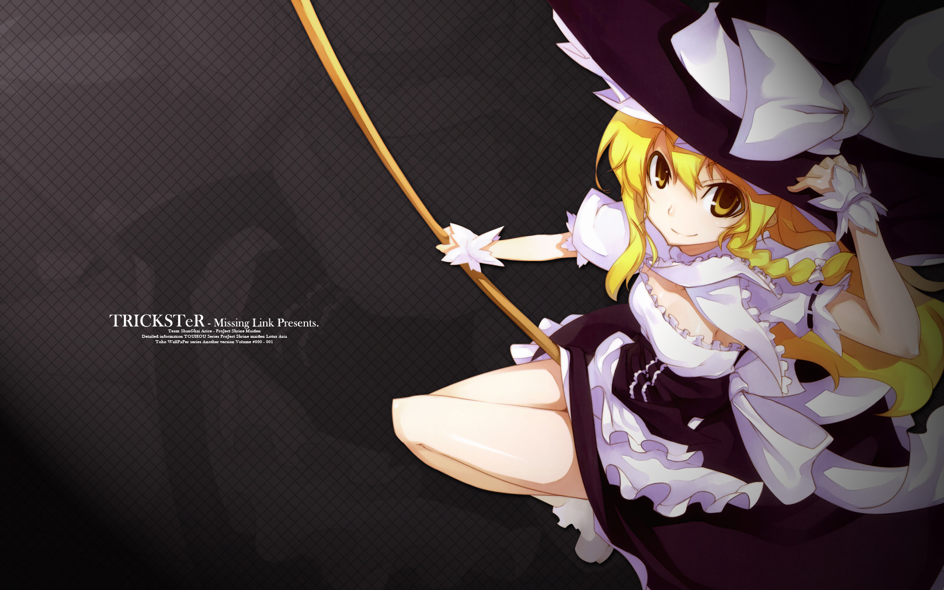 shingo (missing link), kirisame marisa, touhou, highres, 1girl, blonde hair, female focus, gradient background, hand on headwear, hat, solo, witch, witch hat