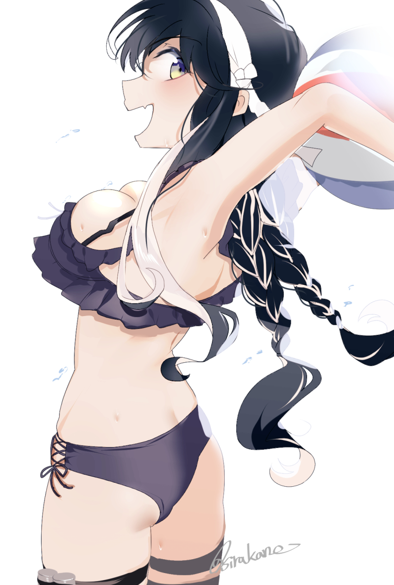 sirakane (tigo5115), naganami (kancolle), kantai collection, 1girl, ass, ball, beachball, bikini, black bikini, black hair, braid, breasts, cowboy shot, criss-cross straps, embarrassed, fang, frilled bikini, frills, hairband, large breasts, looking at viewer, low twin braids, multicolored hair, naganami kai ni (swimsuit) (kancolle), pink hair, simple background, skin fang, solo, swimsuit, twin braids, twitter username, two-tone hair, wavy hair, white background, white hairband