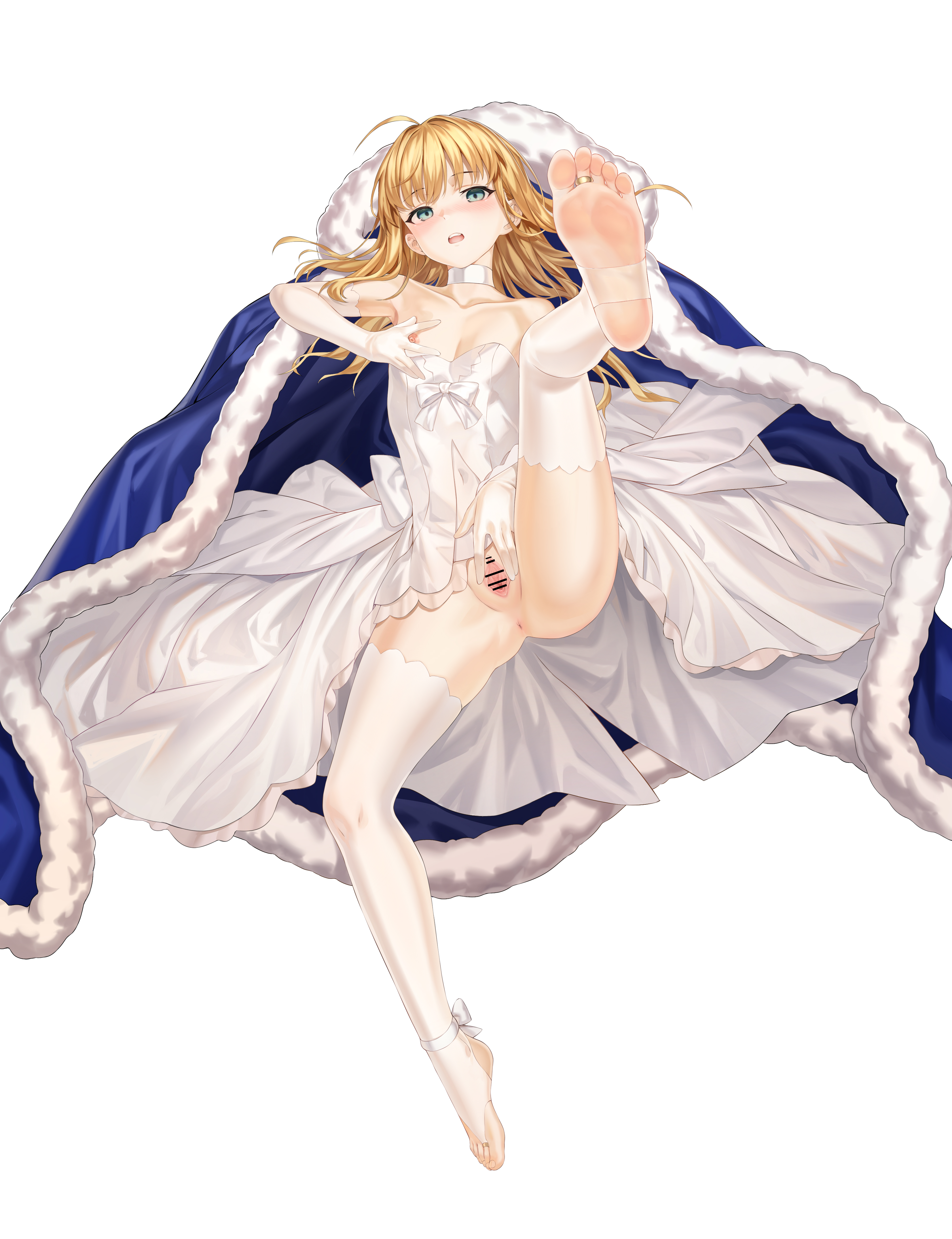 xo (xo17800108), artoria pendragon (fate), saber (fate), saber (under the same sky) (fate), fate/grand order, fate (series), absurdres, highres, 1girl, barefoot, blonde hair, blue cape, cape, censored, dress, elbow gloves, feet, gloves, long hair, nipples, no panties, no shoes, pussy, soles, stirrup legwear, thighhighs, toeless legwear, white dress, white gloves, white thighhighs