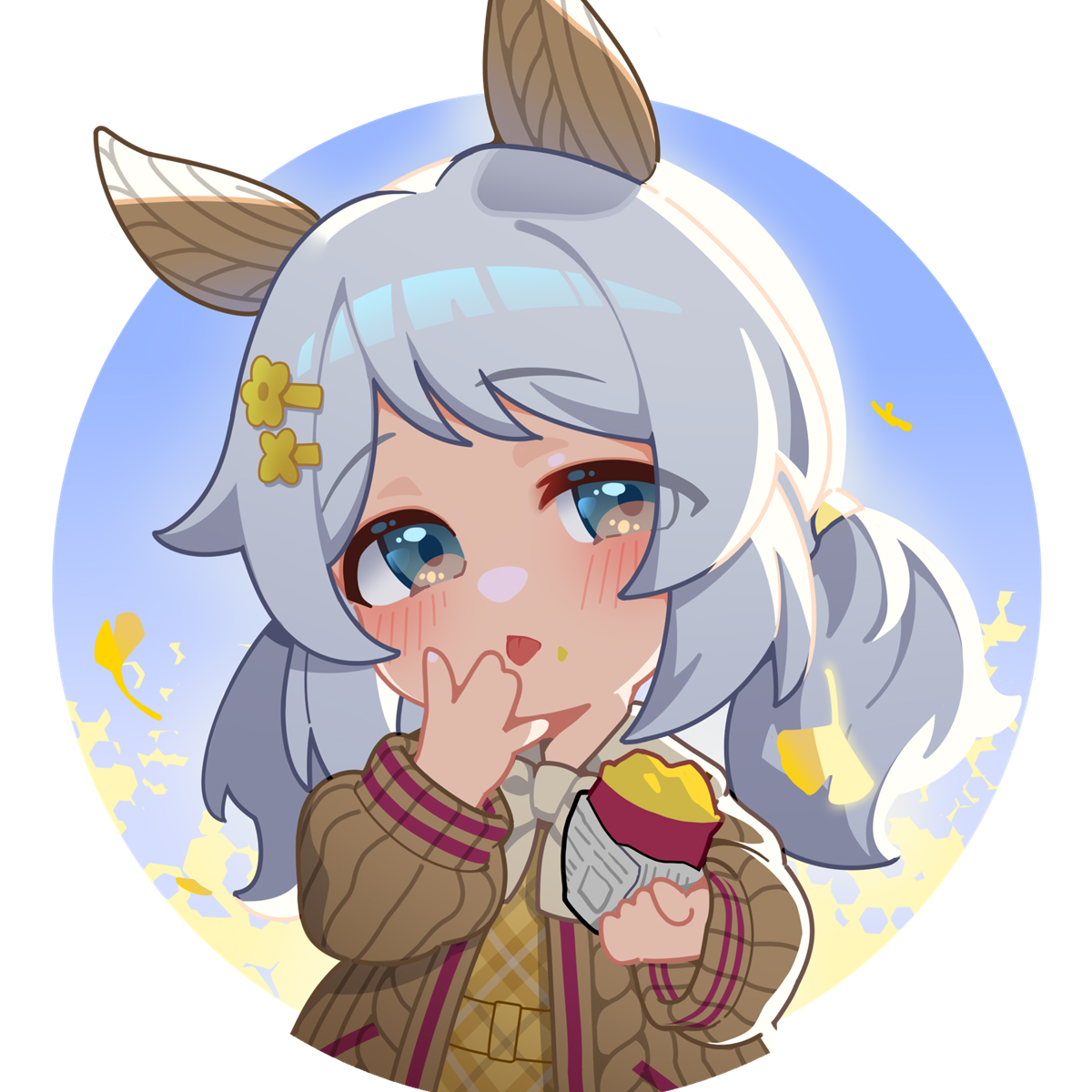warashi, hishi miracle (umamusume), umamusume, commentary request, highres, 1girl, :p, animal ears, blue eyes, brown coat, chibi, coat, ear covers, food, food on face, grey hair, holding, holding food, horse ears, horse girl, short twintails, solo, tongue, tongue out, twintails, upper body