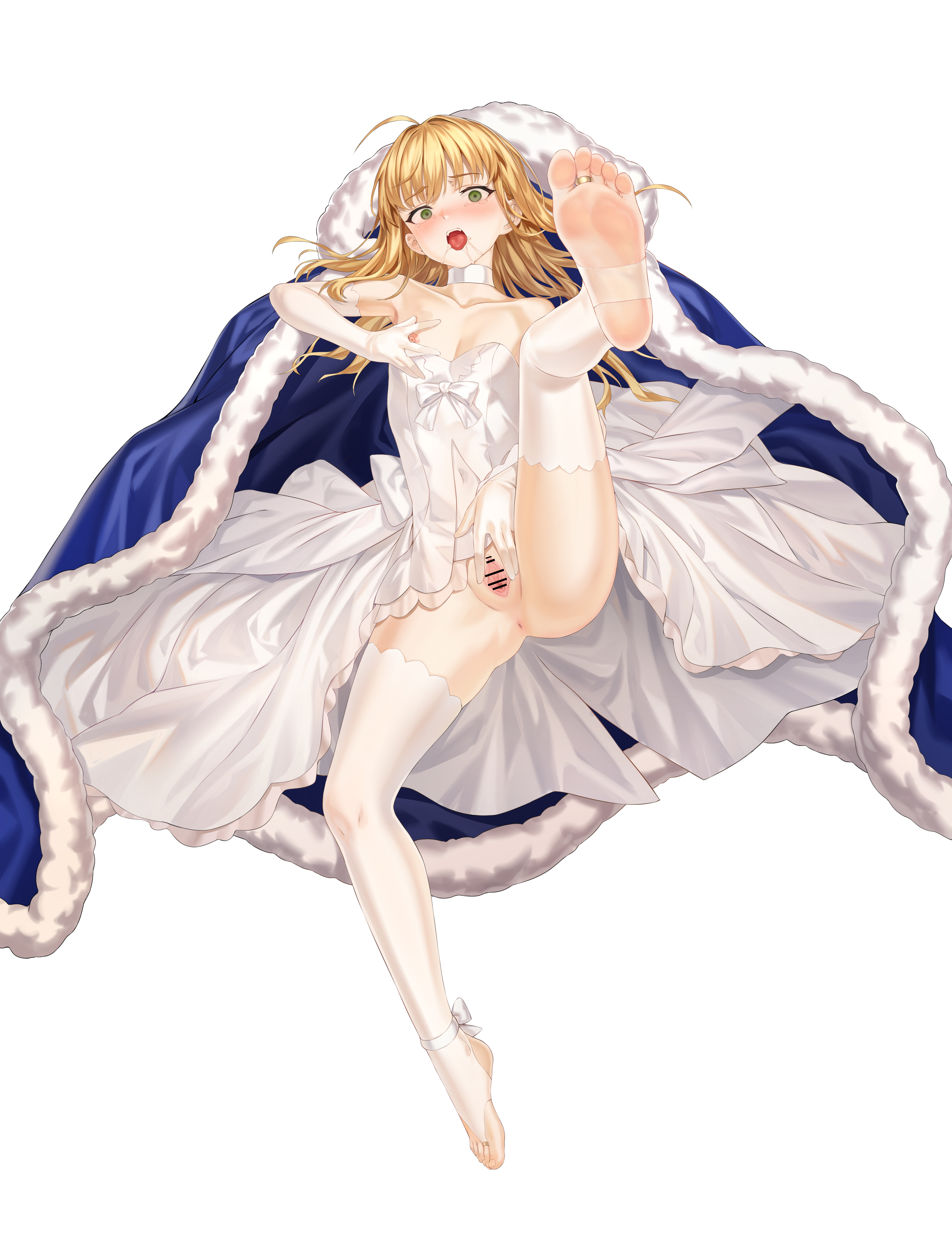 xo (xo17800108), artoria pendragon (fate), saber (fate), saber (under the same sky) (fate), fate/grand order, fate (series), absurdres, highres, 1girl, barefoot, blonde hair, blue cape, cape, censored, dress, elbow gloves, feet, gloves, long hair, nipples, no panties, no shoes, open mouth, pussy, soles, stirrup legwear, thighhighs, toeless legwear, white dress, white gloves, white thighhighs