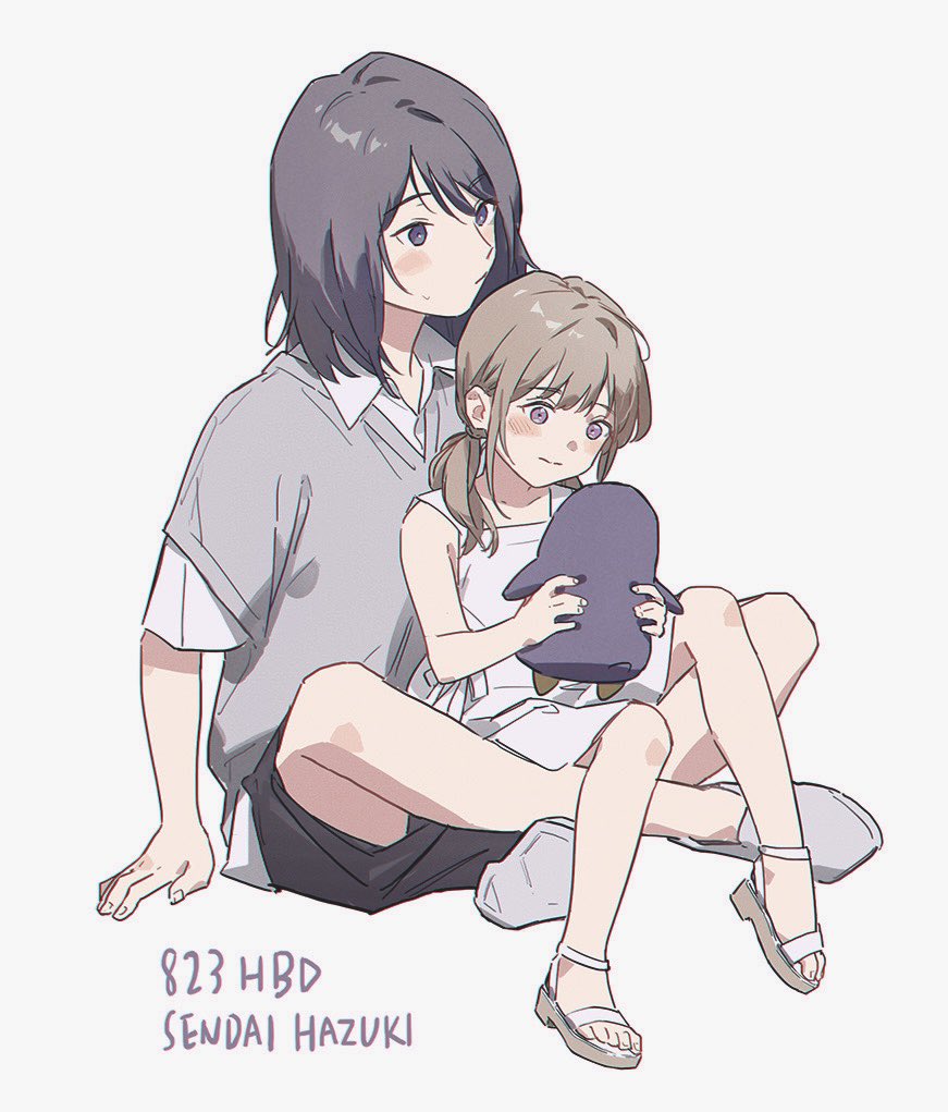 komerice lo, miyagi shiori, sendai hazuki, shuuniichido classmate wo kau hanashi, commentary, symbol-only commentary, 2girls, aged down, black hair, black shorts, brown hair, character name, collared shirt, dated, dress, grey sweater, happy birthday, low twintails, medium hair, multiple girls, purple eyes, shirt, short hair, short twintails, shorts, simple background, sleeveless, sleeveless dress, stuffed animal, stuffed penguin, stuffed toy, sweater, time paradox, twintails, white background, white dress, white shirt