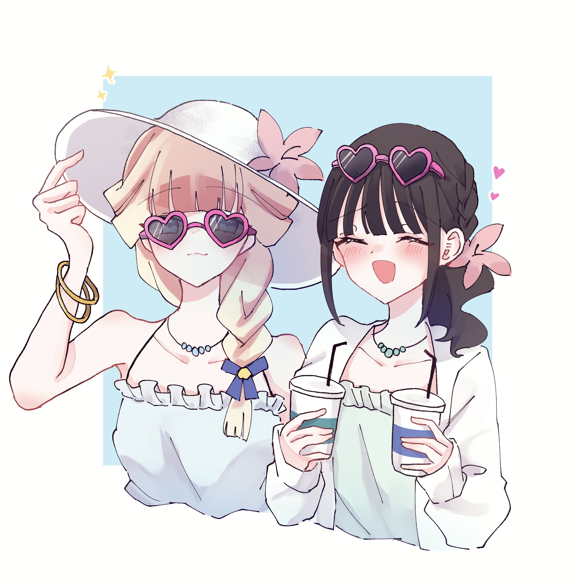 rita (myyk rrnyam), nekoyashiki mayu, nekoyashiki yuki, precure, wonderful precure!, commentary request, highres, 2girls, blonde hair, blue background, blue dress, border, bracelet, braid, brown hair, closed eyes, cup, disposable cup, dress, eyewear on head, hat, heart, heart-shaped eyewear, holding, holding cup, jacket, jewelry, multiple girls, necklace, open mouth, outside border, simple background, single braid, smile, sun hat, sunglasses, white border, white hat, white jacket
