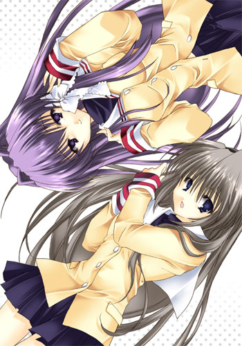 ayase hazuki, fujibayashi kyou, sakagami tomoyo, clannad, silver hair, lowres, 00s, 2girls, black skirt, blazer, carrying, jacket, long hair, long sleeves, looking at viewer, miniskirt, multiple girls, pleated skirt, princess carry, purple eyes, purple hair, rotational symmetry, school uniform, serafuku, simple background, skirt, symmetry, very long hair, white background