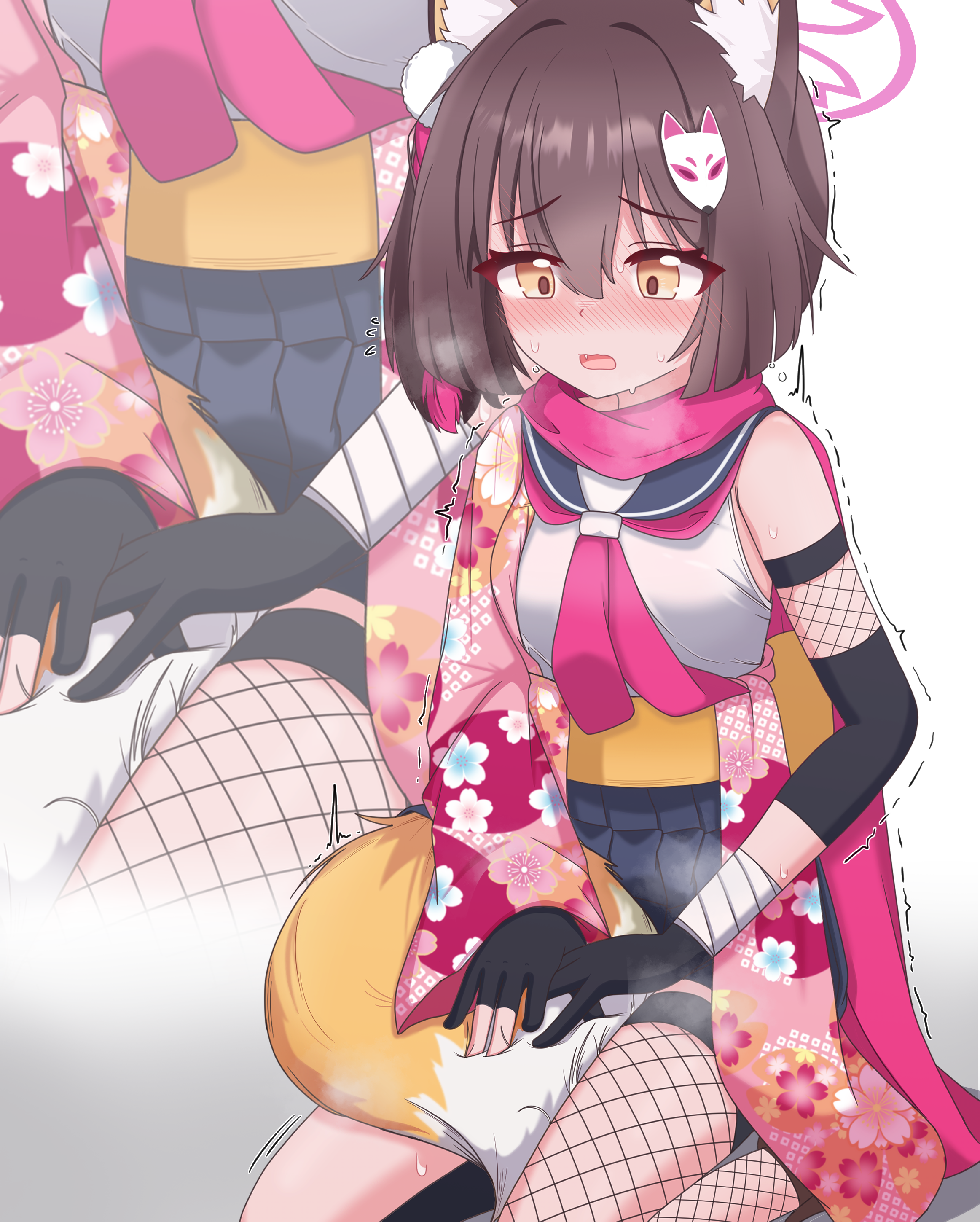 izuna (blue archive), blue archive, absurdres, commentary request, highres, 1girl, animal ear fluff, animal ears, black gloves, blue sailor collar, blue skirt, blush, breasts, brown hair, brown halo, fishnet thighhighs, fishnets, fox ears, fox girl, fox hair ornament, fox tail, gloves, halo, lmc (lmcgarage), miniskirt, neckerchief, nose blush, open mouth, partially fingerless gloves, pee stain, peeing, peeing self, pink halo, pink neckerchief, pink scarf, pleated skirt, sailor collar, sailor shirt, scarf, shirt, single thighhigh, skirt, sleeveless, sleeveless shirt, small breasts, stained clothes, sweat, tail, thighhighs, trembling, white shirt, yellow eyes, zoom layer