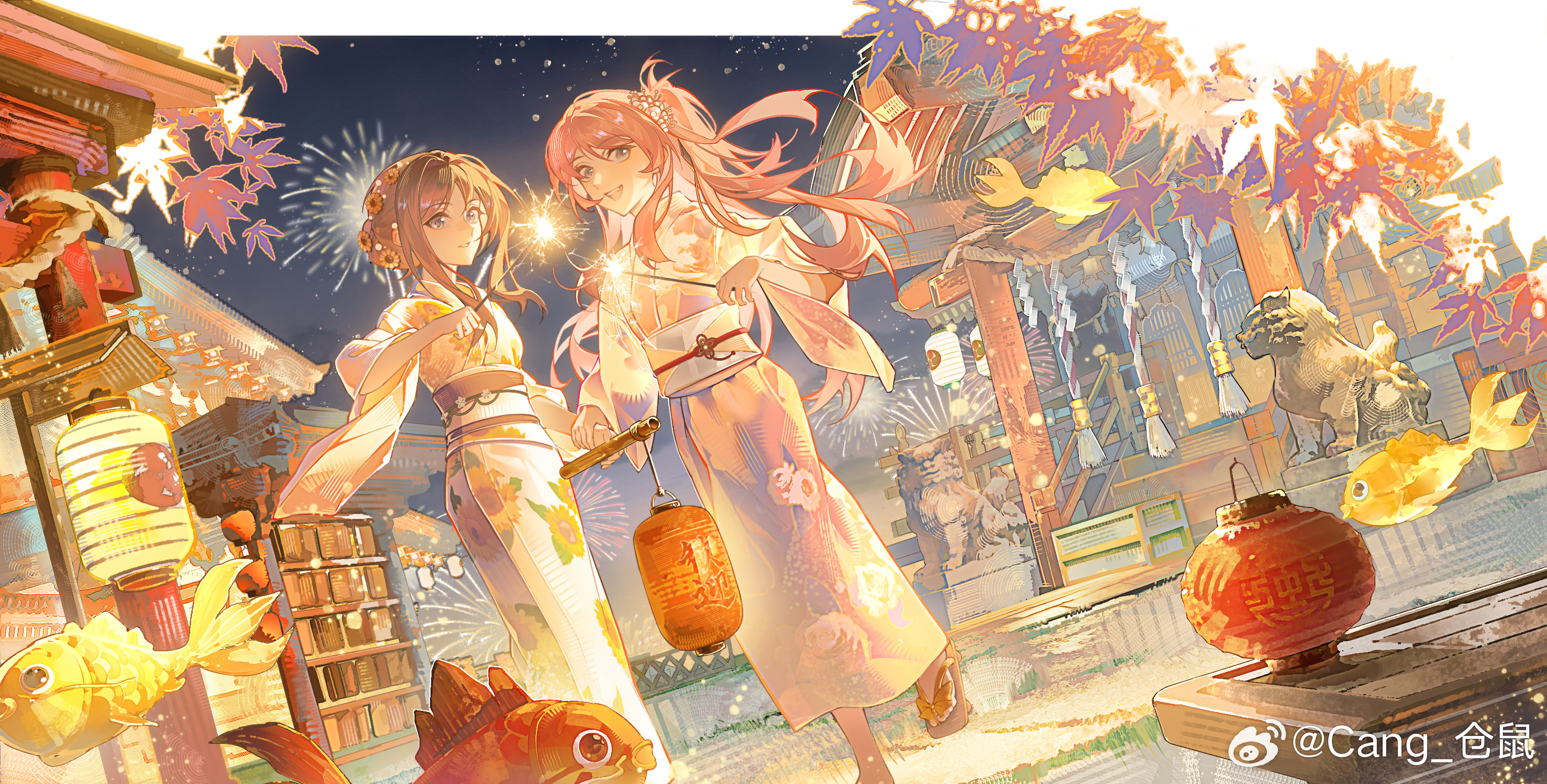 cang (akaga204), chihaya anon, nagasaki soyo, bang dream!, bang dream! it's mygo!!!!!, chinese commentary, commentary request, highres, 2girls, aerial fireworks, architecture, blue eyes, brown hair, east asian architecture, fireworks, floral print, floral print kimono, flower, grey eyes, hair flower, hair ornament, holding, holding fireworks, holding hands, japanese clothes, kimono, koi, lantern, long hair, multiple girls, one side up, open mouth, pink hair, pink kimono, print kimono, short hair with long locks, sparkler, torii, watermark, weibo watermark, white kimono