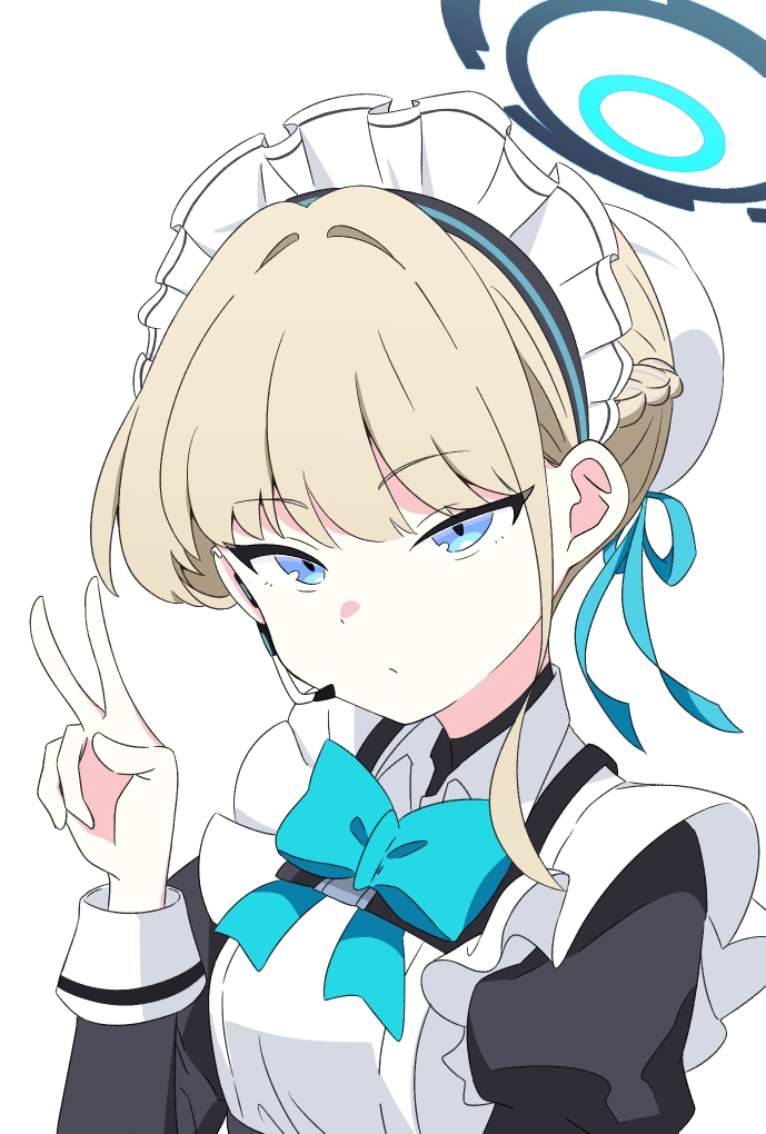 hayoo ww, toki (blue archive), blue archive, commentary request, 1girl, apron, black dress, black halo, blonde hair, blue eyes, blue halo, blue ribbon, bun cover, collared dress, contrast collar, dress, frilled apron, frills, hair bun, hair intakes, hair ribbon, halo, headset, long sleeves, looking at viewer, maid, maid apron, maid headdress, pout, ribbon, simple background, single sidelock, solo, upper body, v, white apron, white background
