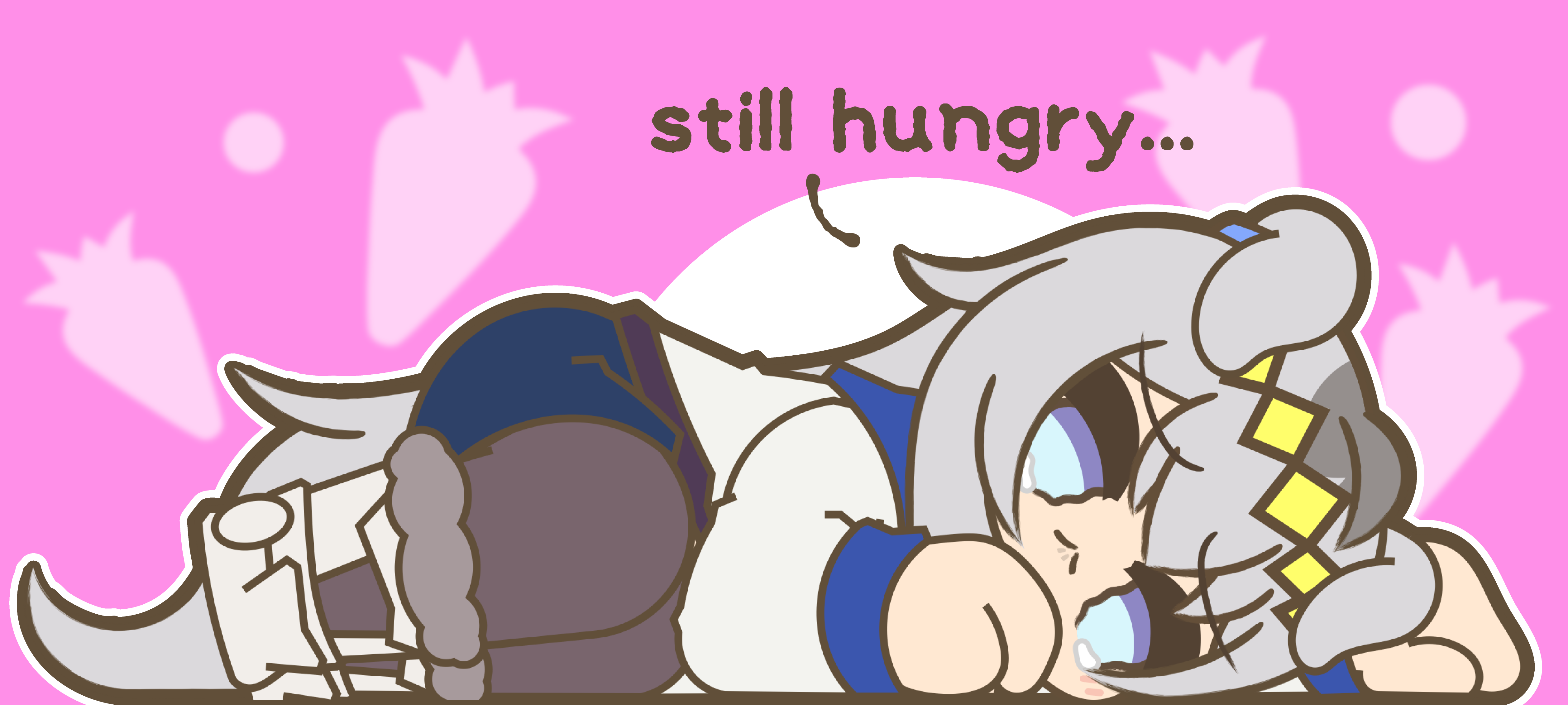 kuhl-notes, oguri cap (umamusume), umamusume, absurdres, highres, 1girl, ahoge, animal ears, blue eyes, carrot background, chibi, crying, crying with eyes open, grey hair, hair between eyes, hair ornament, horse ears, horse girl, horse tail, long hair, long sleeves, lying, on side, shirt, solo, tail, tears, white shirt