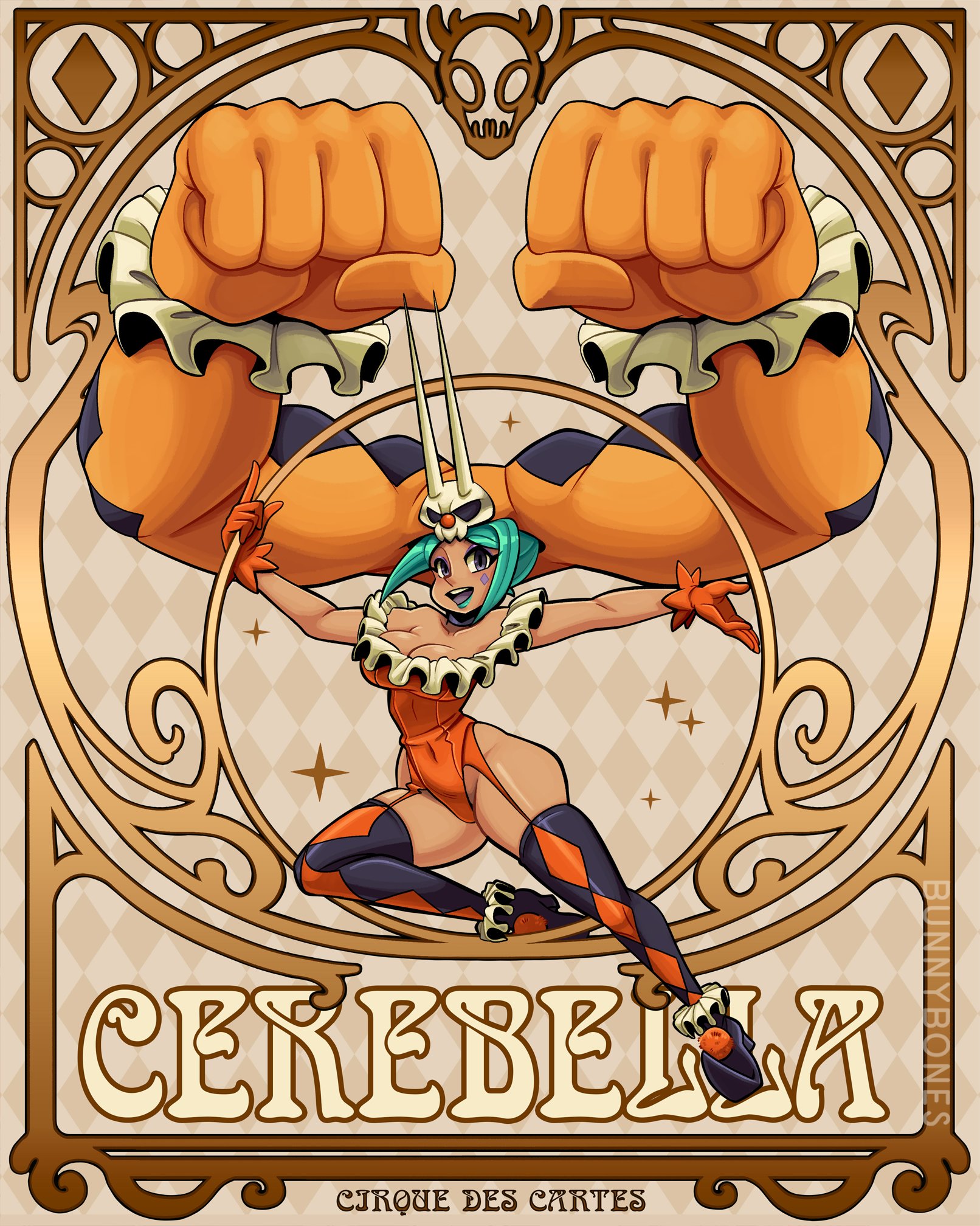 bunny bones , cerebella (skullgirls), vice-versa (skullgirls), skullgirls, 1girl, alternate costume, arms up, boots, breasts, brown background, character name, cleavage, clown nose, collar, covered navel, dark-skinned female, dark skin, diamond (shape), diamond print, english text, eyeshadow, frilled collar, frills, full body, garter straps, gloves, green hair, green lips, hat, high heel boots, high heels, hoop, large breasts, leotard, lipstick, makeup, open mouth, outstretched arms, pom pom (clothes), purple eyes, scrunchie, smile, solo, sparkle, teeth, thick thighs, thigh boots, thighs, upper teeth only, wrist scrunchie