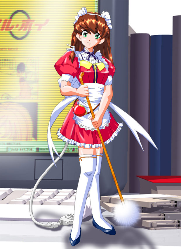 katonoid, cyberdoll may, hand maid may, microsoft windows, windows classic, 00s, 1girl, brown hair, computer, computer keyboard, female focus, green eyes, maid, mimikaki, mini person, minigirl, solo, thighhighs, usb, zettai ryouiki